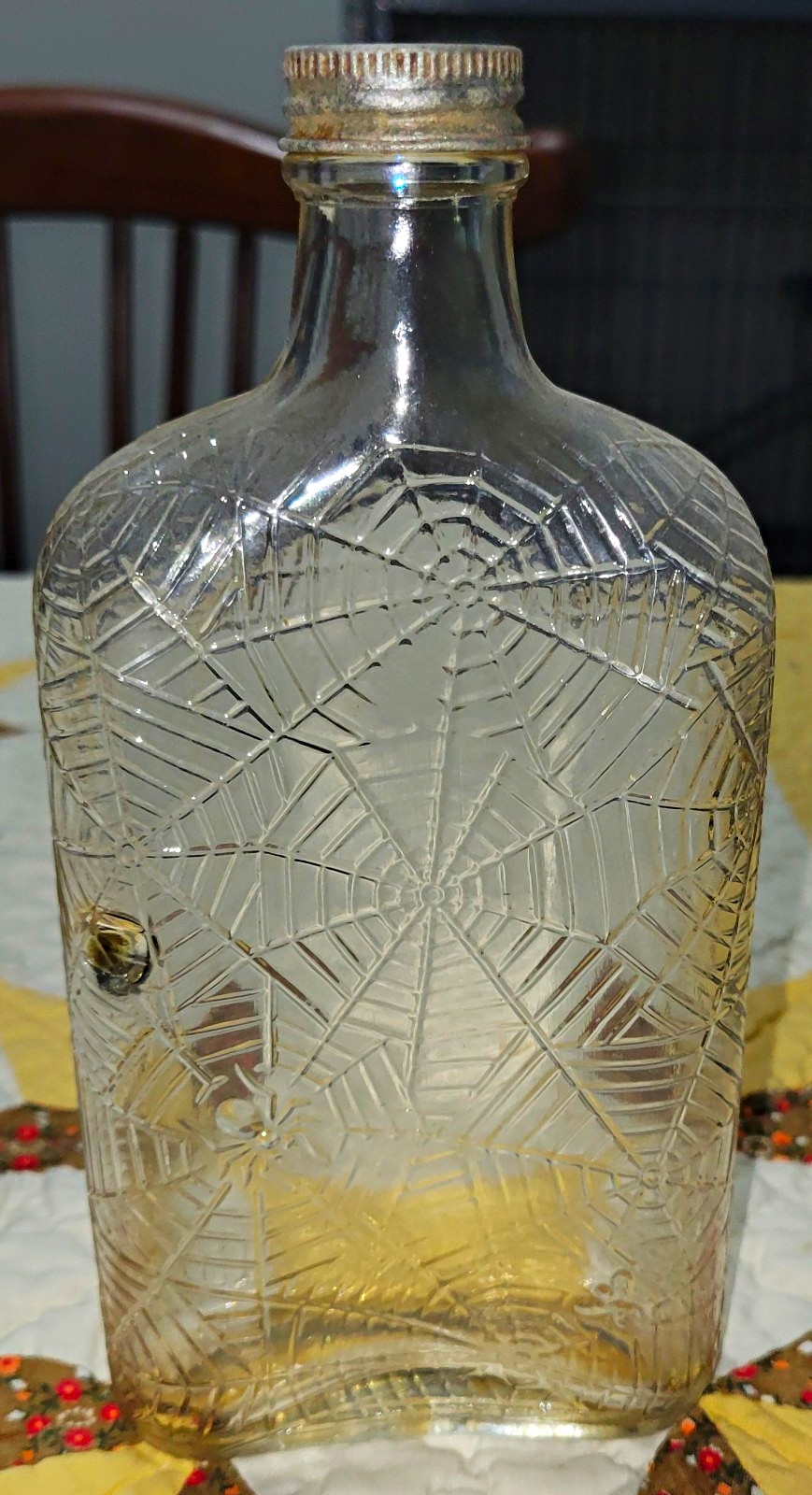 Clear Glass Liquor Bottle Spiderweb Embossed Pattern w/ Spider And Fly