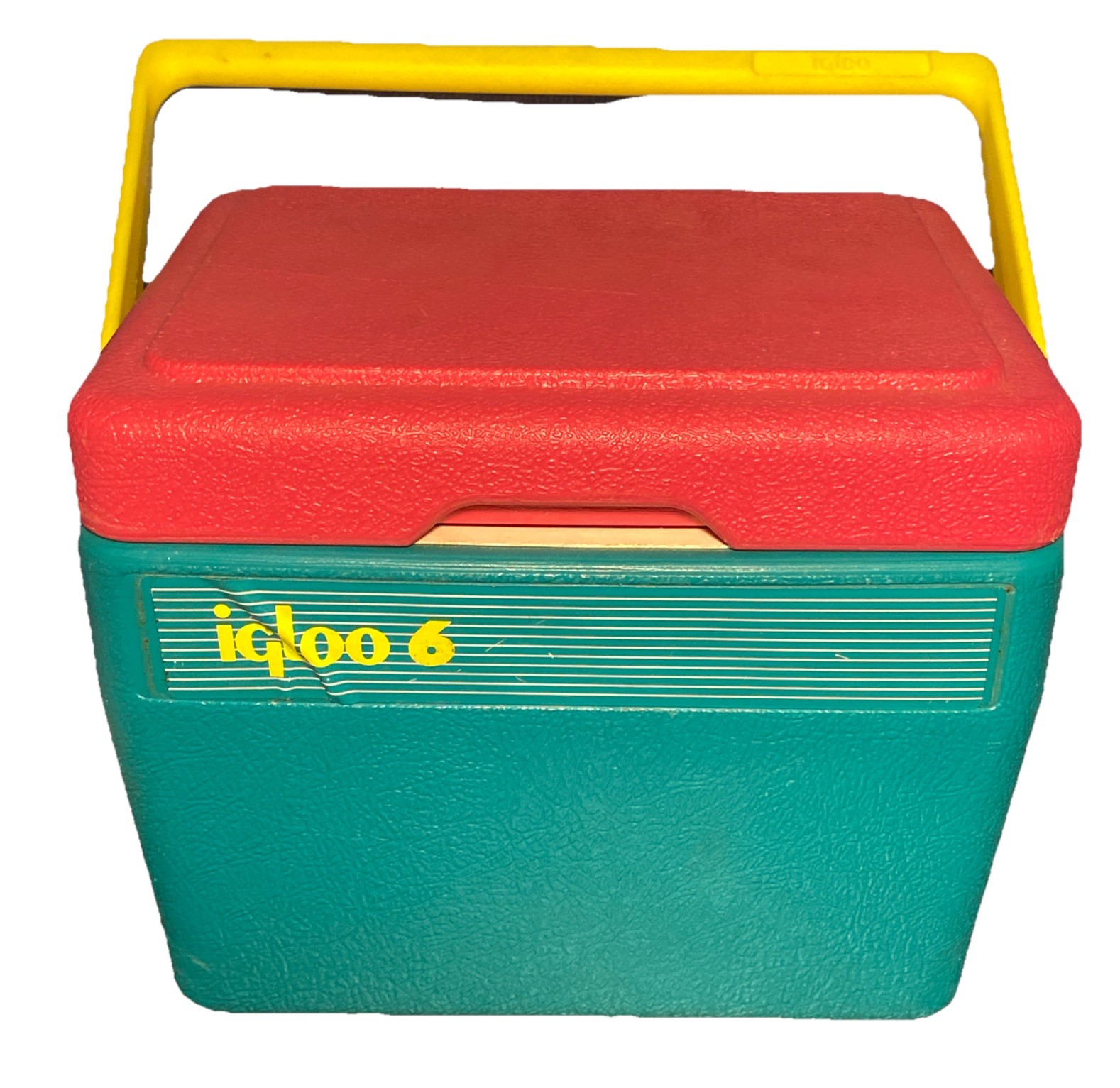VINTAGE Igloo 6 Six Pack Can Cooler - 90s Pink, Teal, Yellow Retro Colors w/ Lid