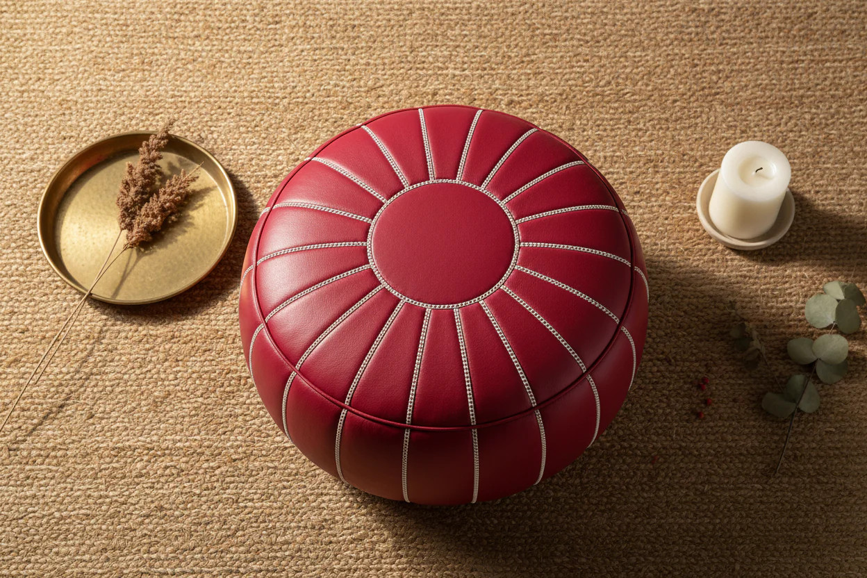Moroccan Leather Pouf – Knotted Tassel Crown