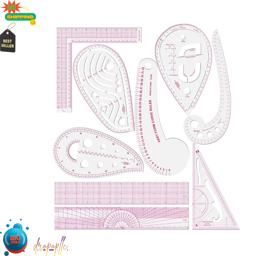 Sewing Ruler Set Clear Metric French Curve PVC Pattern Making Tailoring 9 Piece