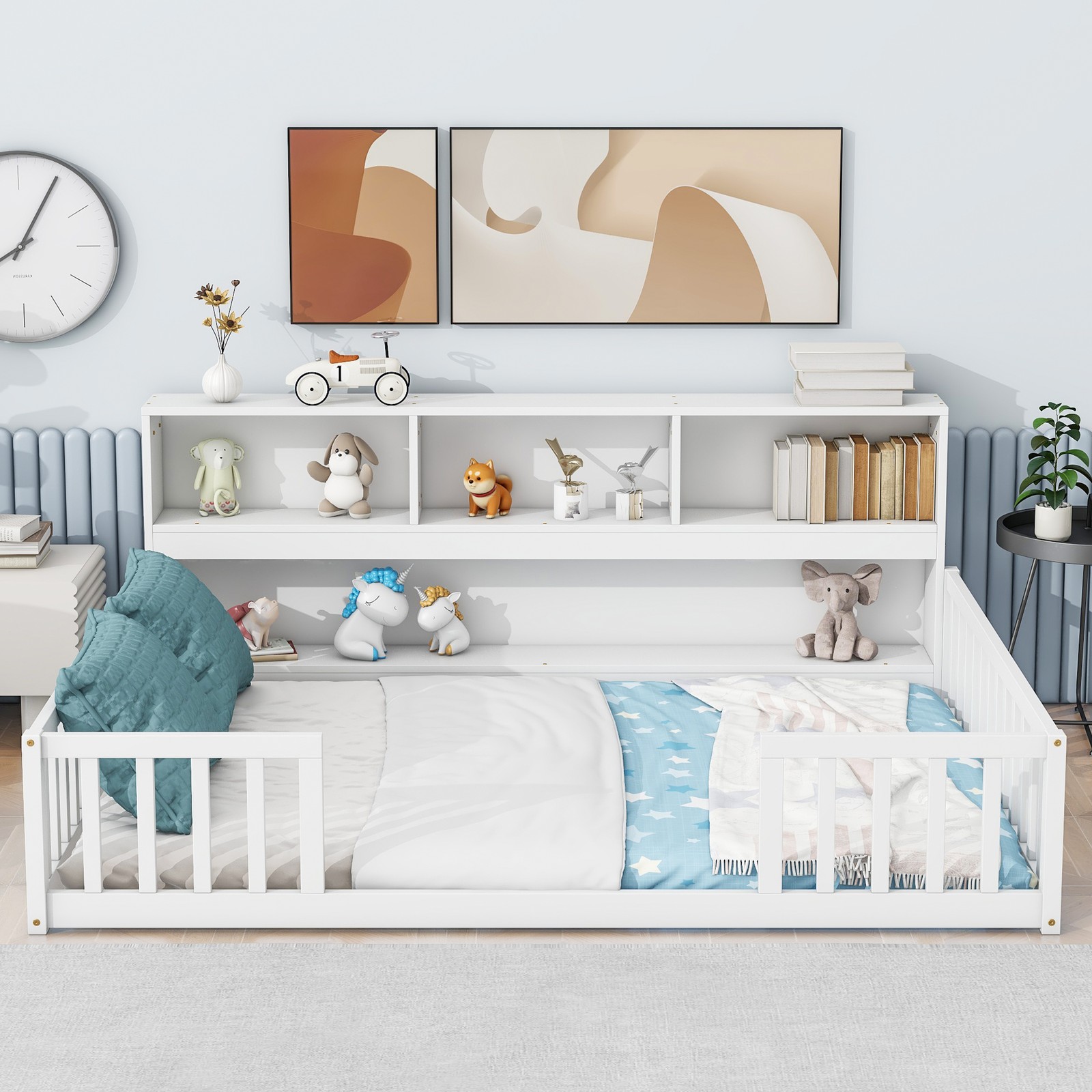 Full Size Floor Bed w/ Bookcase & Guardrails, White, Sturdy Pine Frame