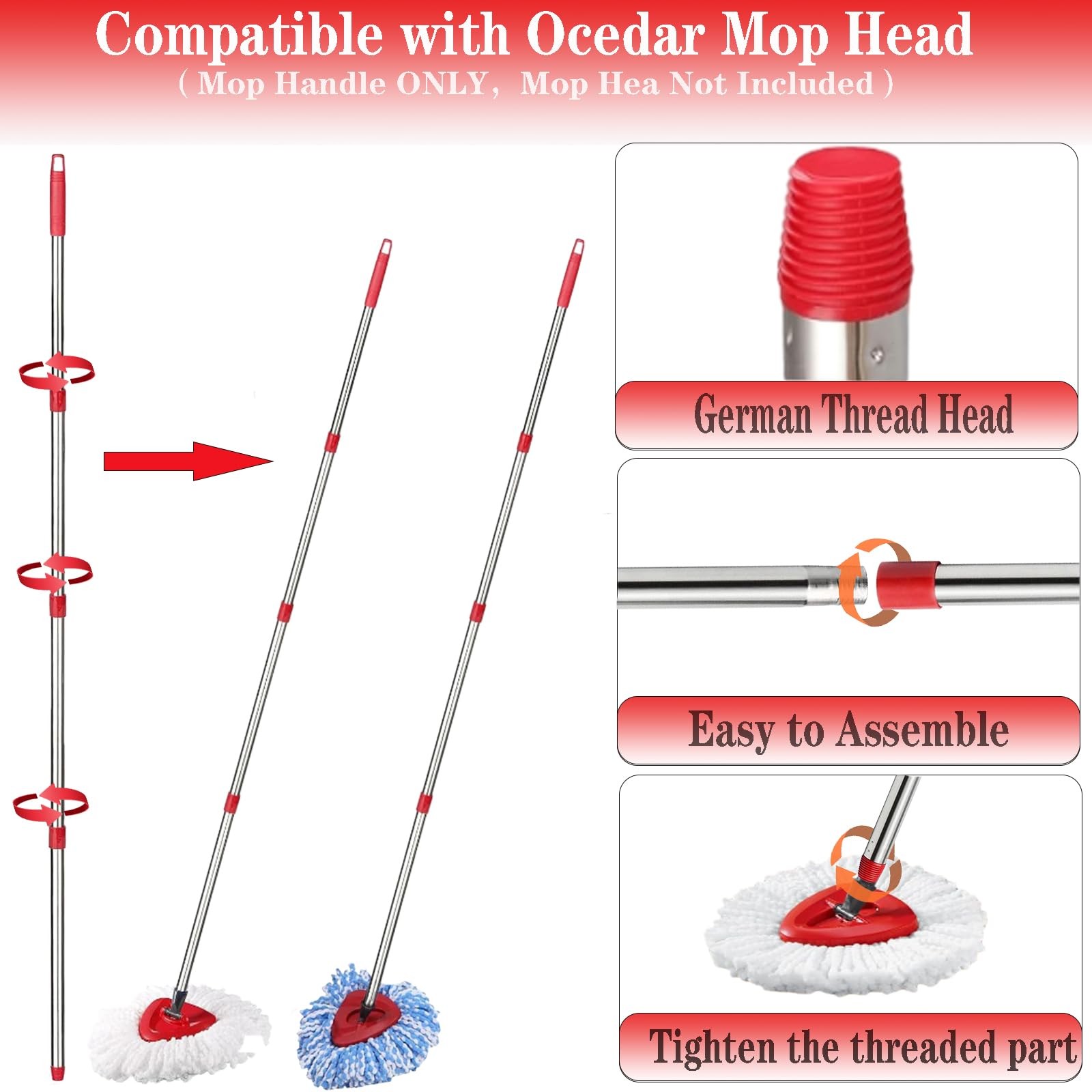 Spin Mop Replacement Handle 30" - 58" Adjustable Ocedar Compatible Screw Joint