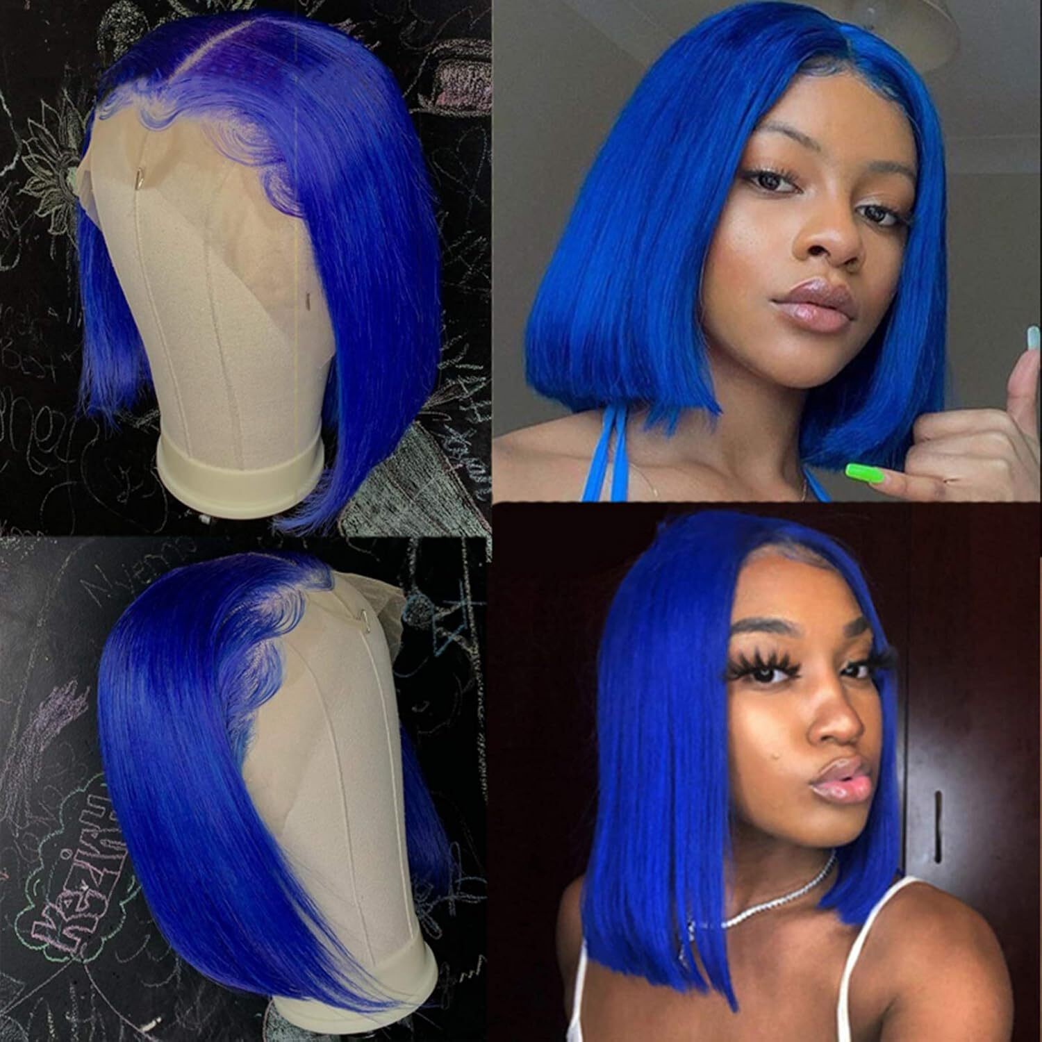 Blue 13x4 Lace Front Bob Human Straight Hair Wig -10 Inch, 150 Density