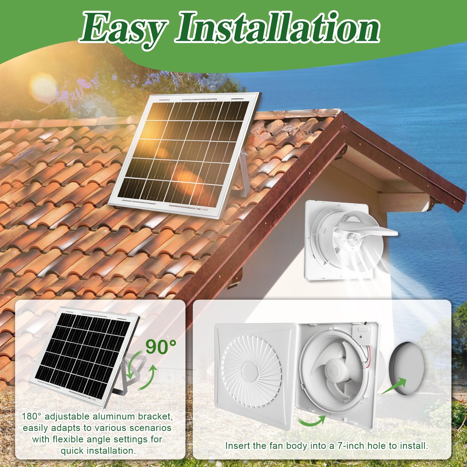 Solar Exhaust Fan, 25W Solar Panel + 8" Ventilation Vent Fan, with Power Adap...