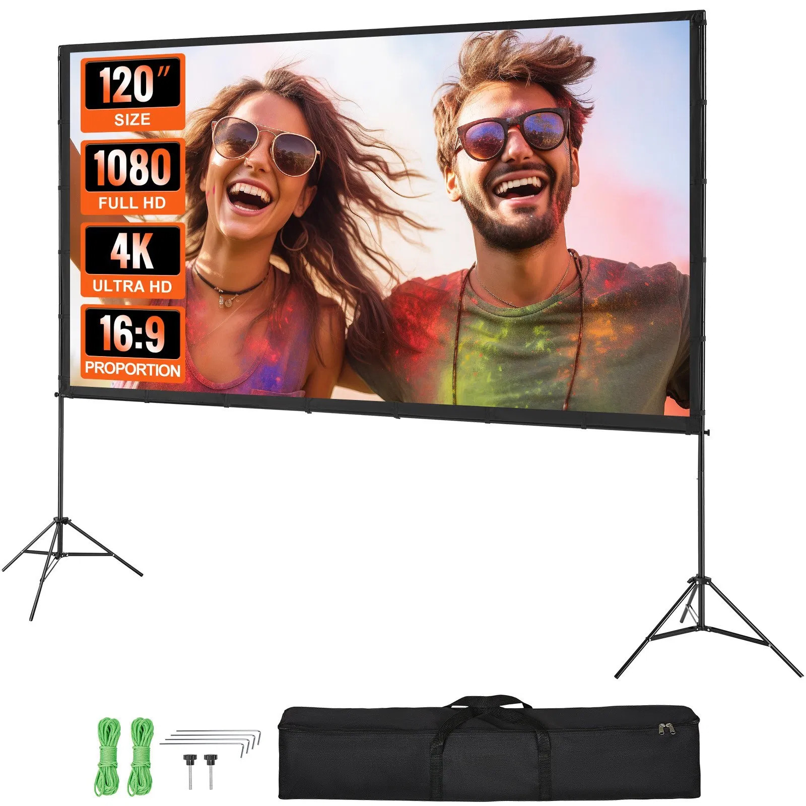 Projector Screen with Stand, 120 inch 16:9 4K 1080 HD Outdoor Movie Screen with