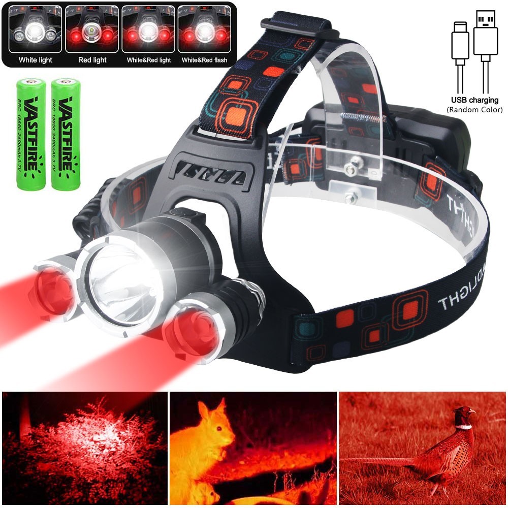 Hunting Red Light Headlamp LED Head Torch Night Lamp Hog Coyote USB Rechargeable