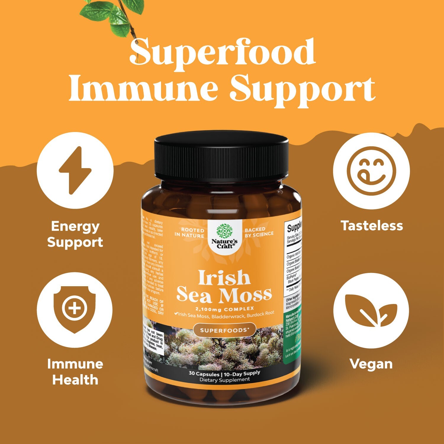 Organic Irish Sea Moss Capsules - with Bladderwrack and Burdock Root 30ct