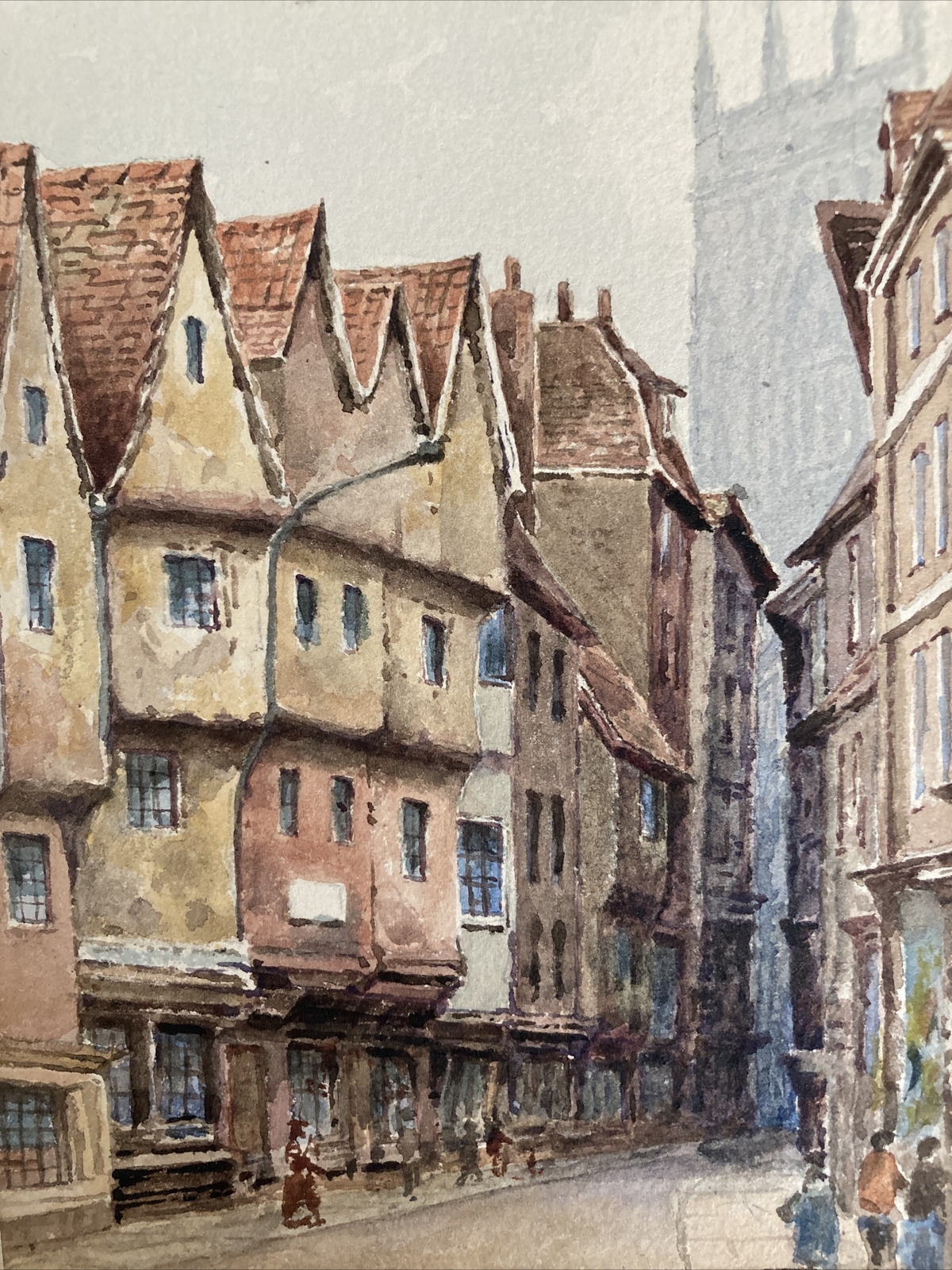 ANTIQUE MYSTERY ARTIST WATERCOLOR BUILDINGS, TOWN OR CITY, PEOPLE WALKING