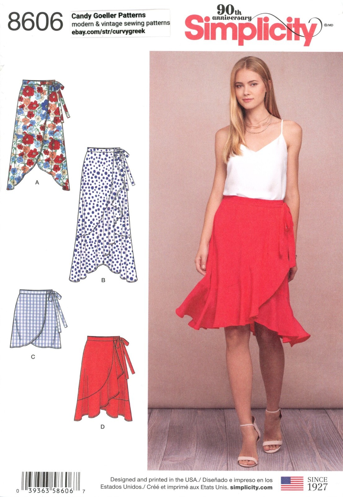 Simplicity 8606 Side-Tie Wrap Skirt in 4 Lengths w Ruffle Hem Sz 14-22 UNCUT