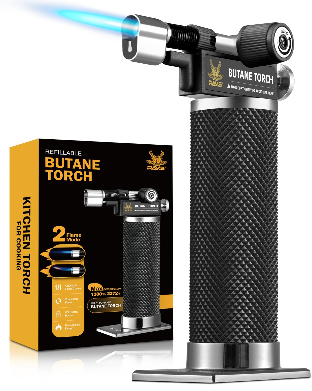RAVS Butane Torch Lighter, DUAL Flame Mode Kitchen Torch, Micro torch, Black
