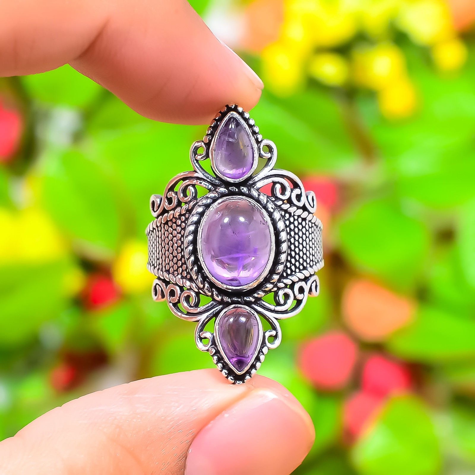 Natural Sage Amethyst Gemstone Handmade 925 Sterling Silver Ring Size 10 h235
