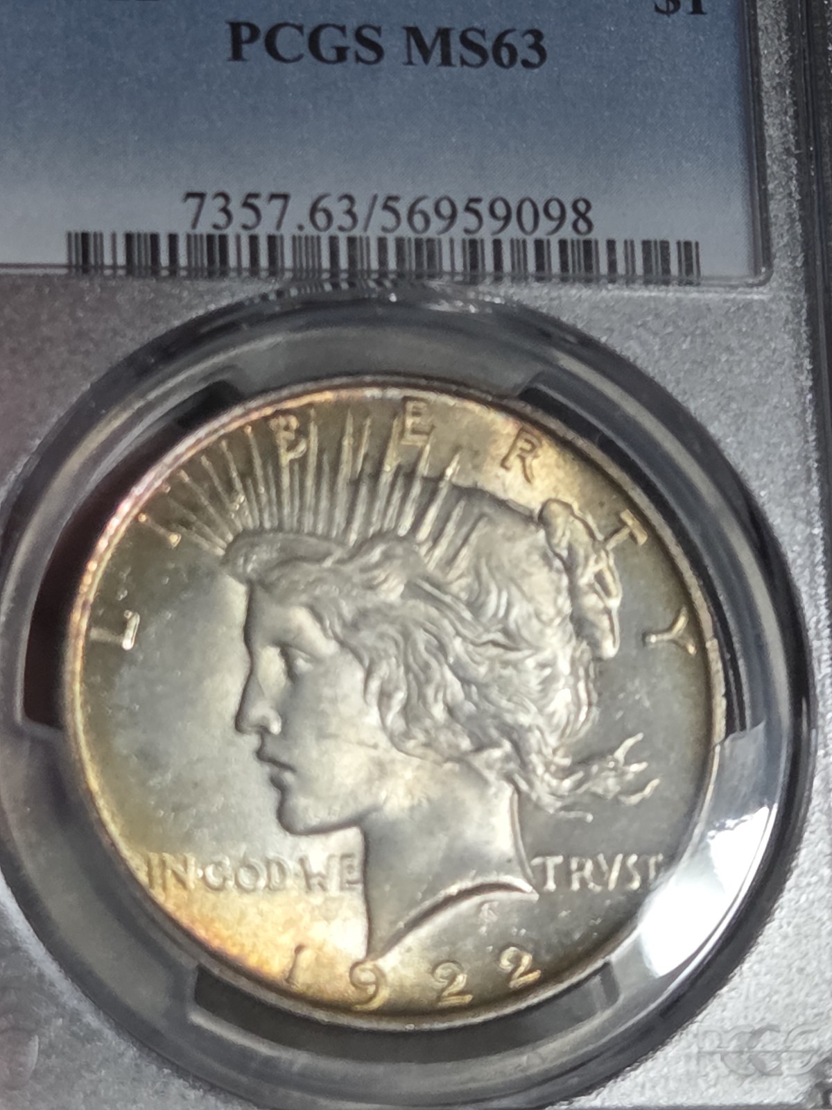1922 $1 Peace Dollar PCGS MS63 Toned