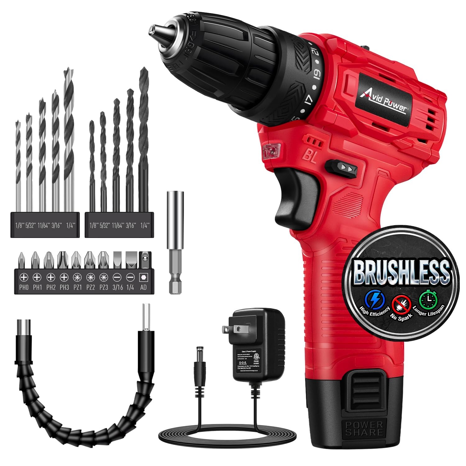 AVID POWER Brushless Power Drill Set, 2-Speed Control, 3/8-Inch Red-brushless