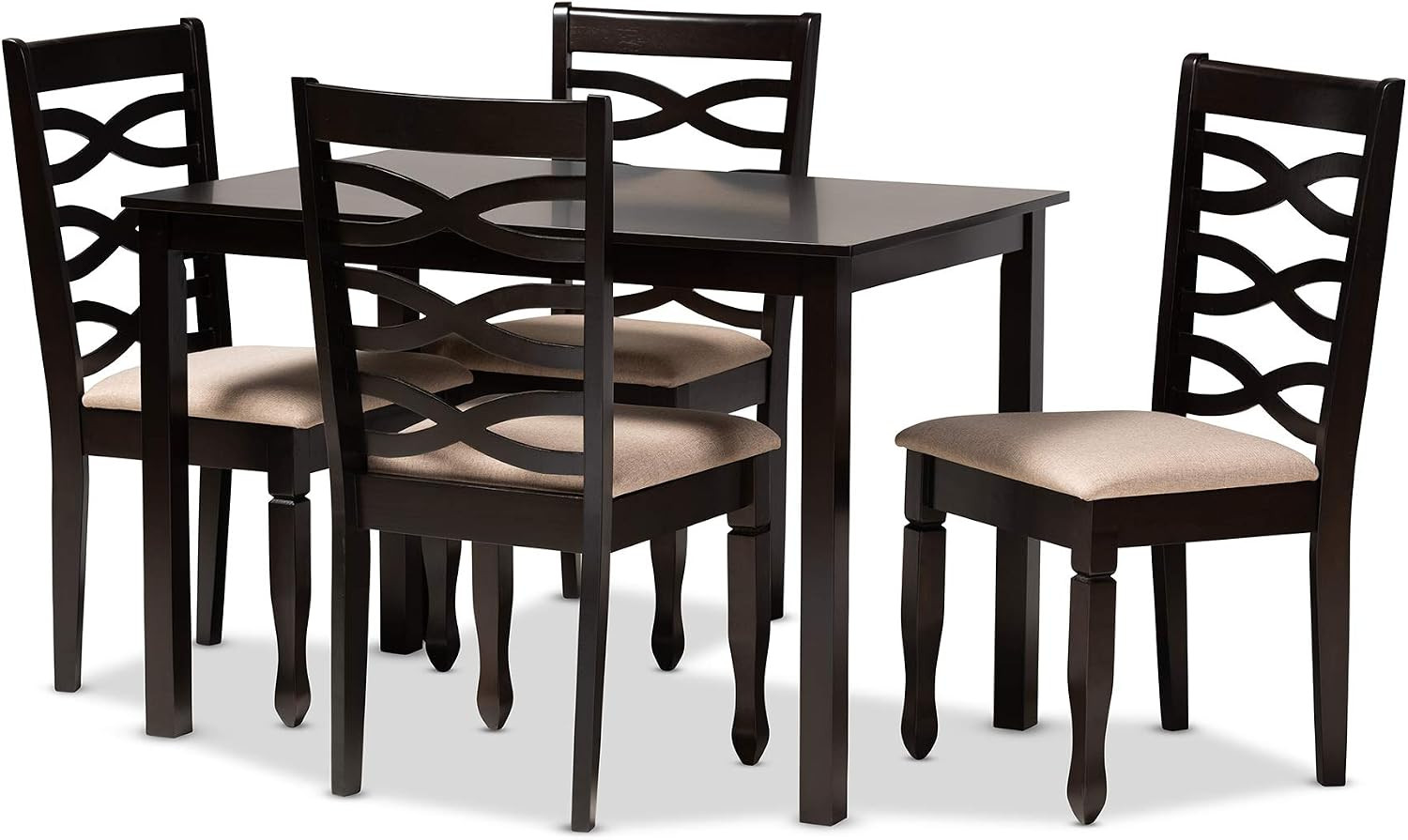 Lanier Dining Set - Sand Fabric Upholstered, Espresso Brown Finished Wood, 5-Pie