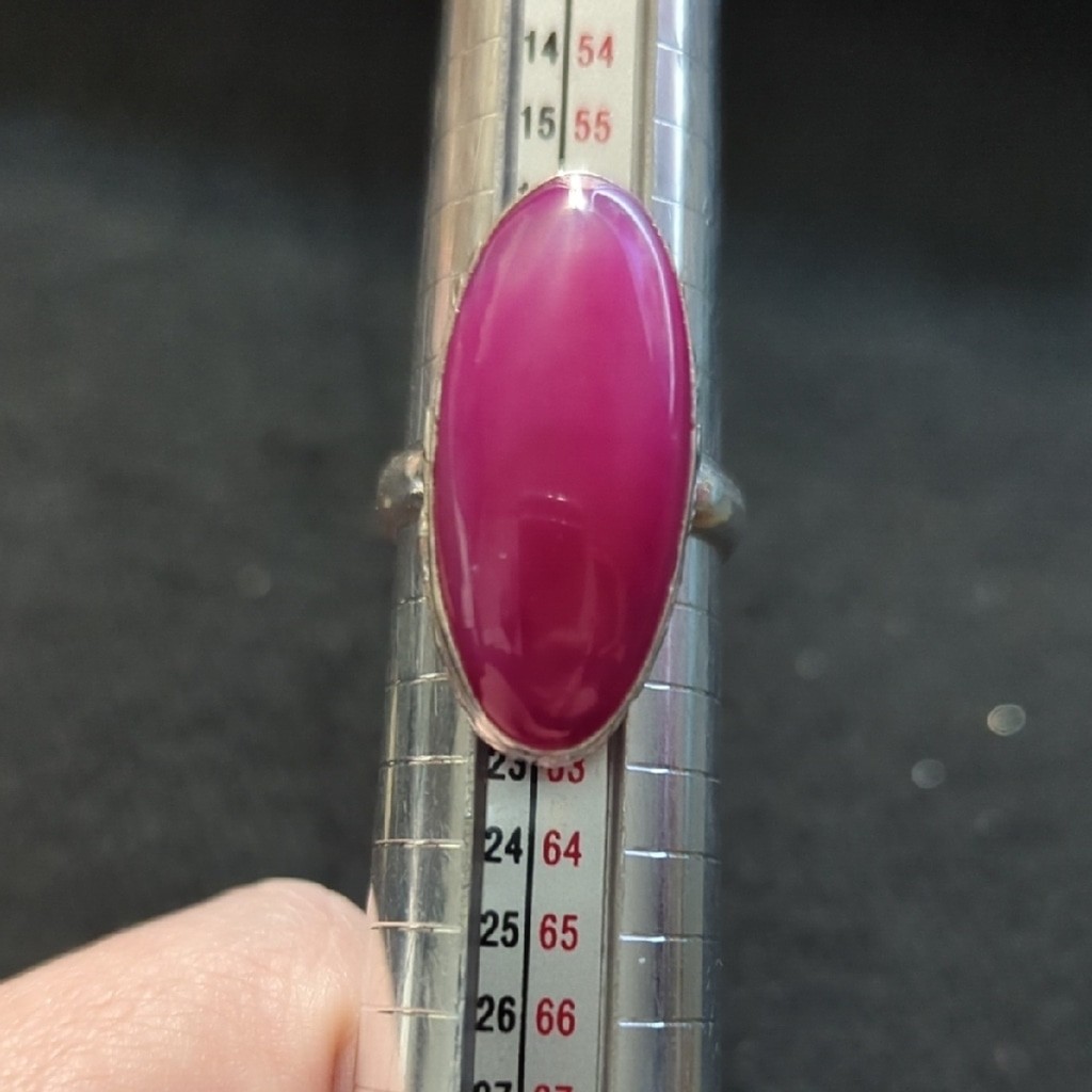 Silver Plated Pink Agate Gemstone Oval Statement Ring - Size 9