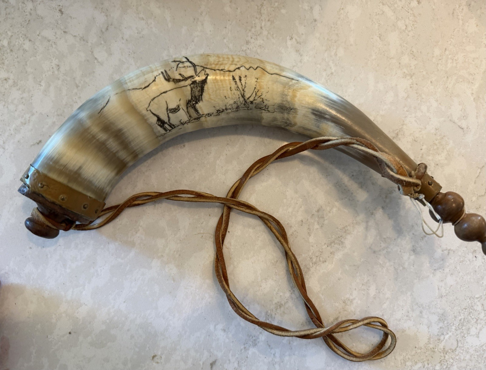 Handmade Powder Horn w/ Scrimshaw Elk Scene Strap Western Decor/Reenactment.