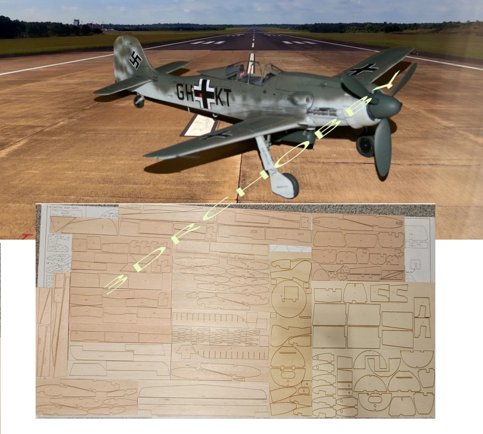 Focke-Wulf FW-190 D-9 55" WS RC Airplane Laser Cut Balsa Ply Short Kit W/ Plans