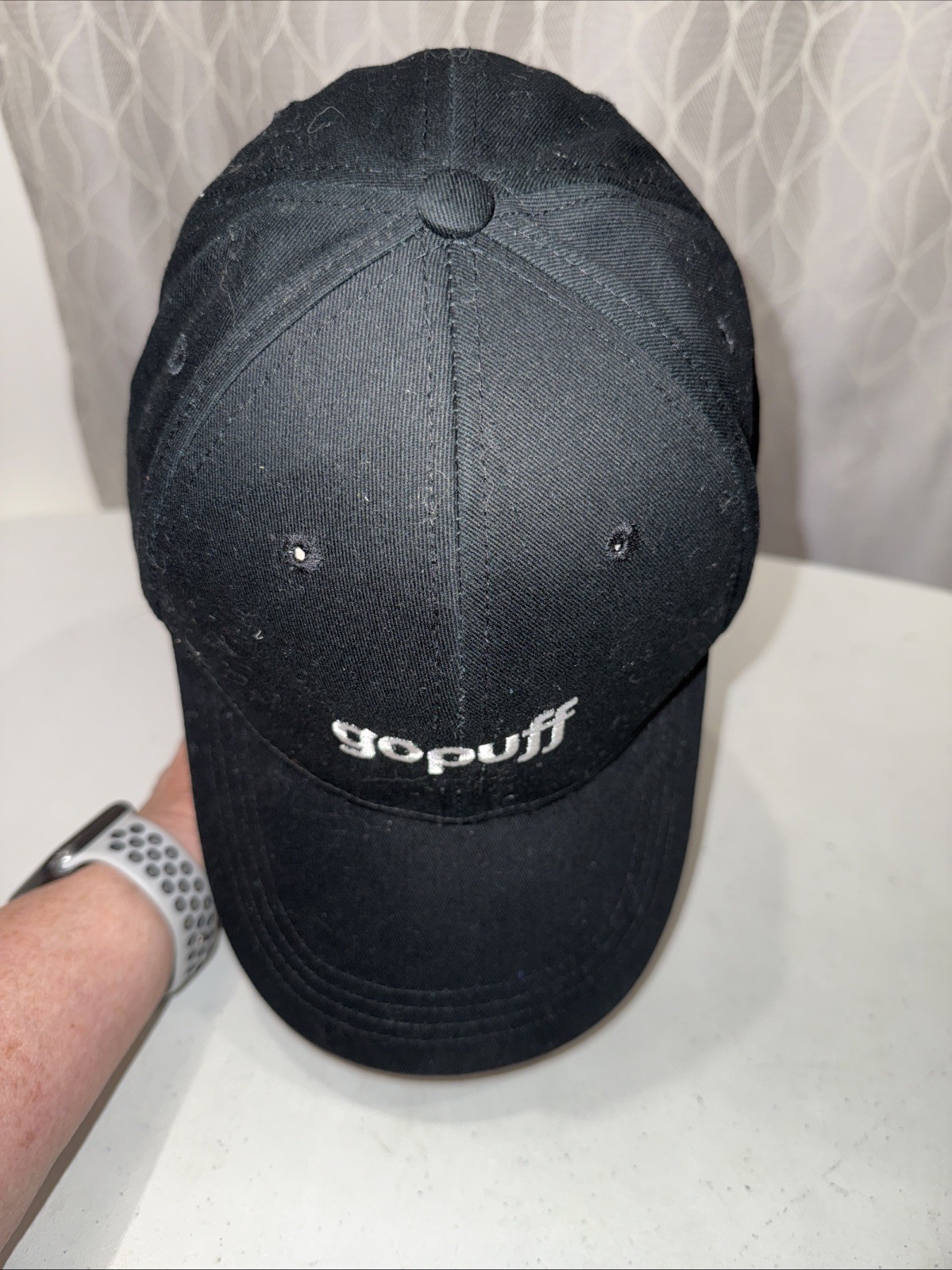 Gopuff in white on black hat cap Strap buckle