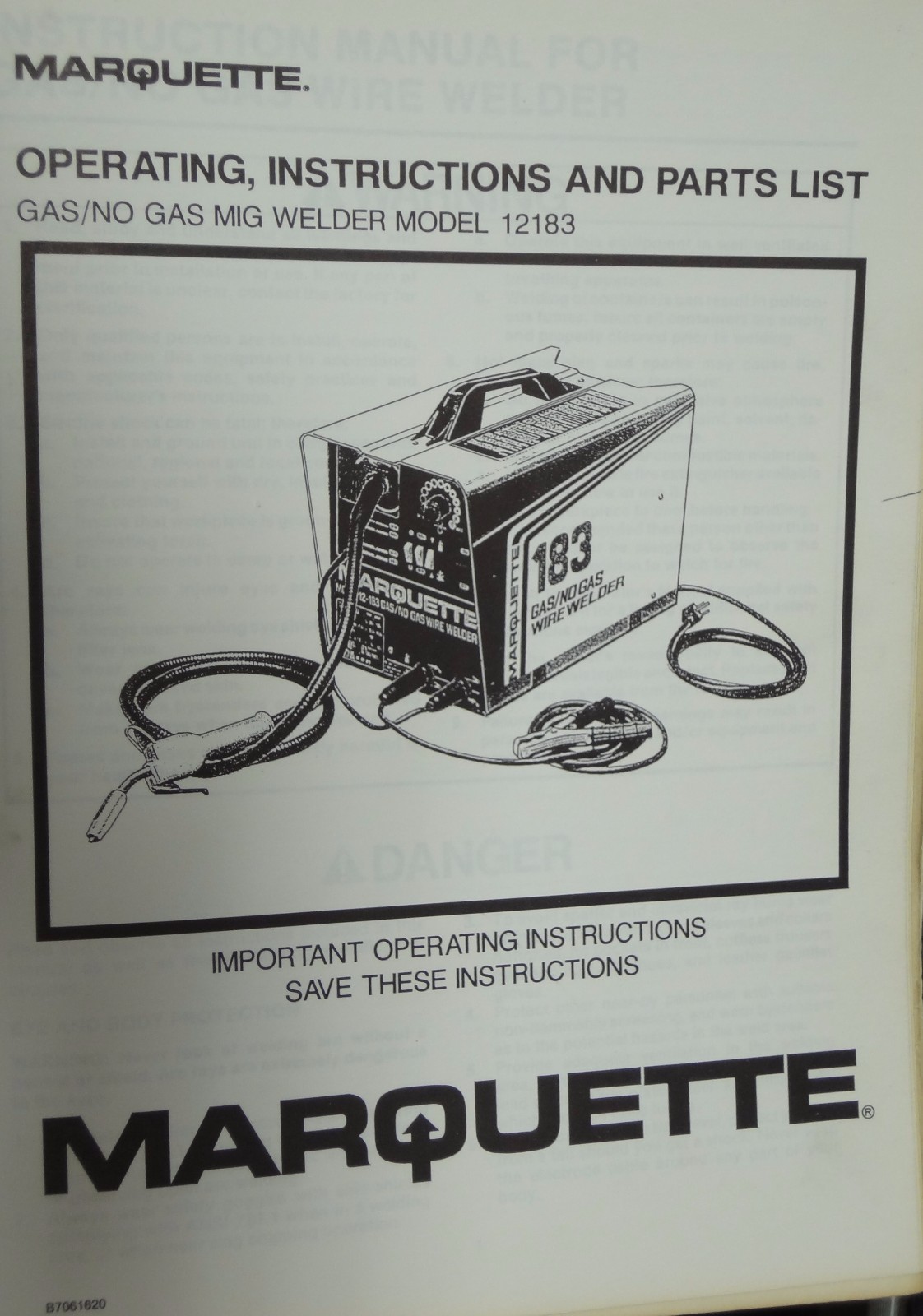 MARQUETTE M12183 , 83-319 , 117-093, P10-450 OPERATIONAL,  INSTRUCTIONAL MANUAL
