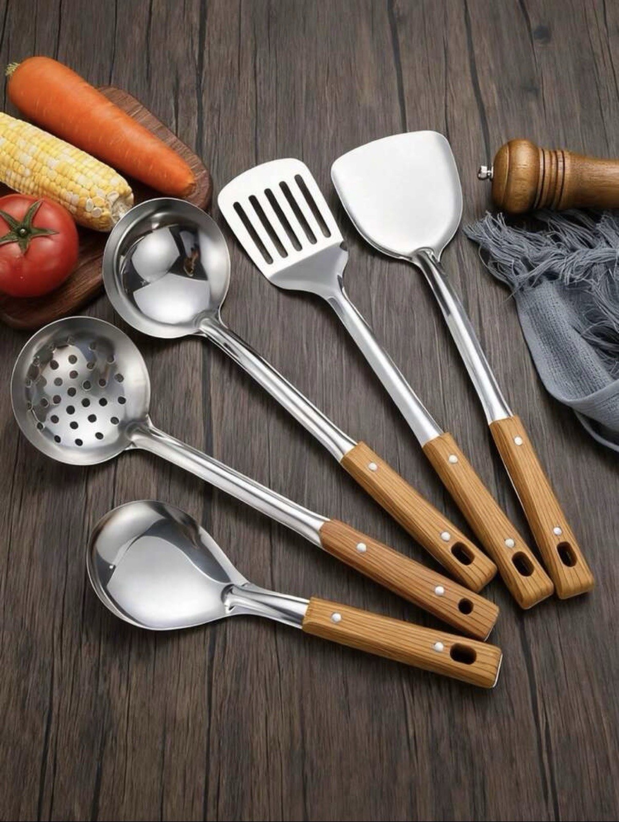 Set of 5 Long Handle Stainless Steel Cook & Serve Spoons, Spatula, Rice Scoop.