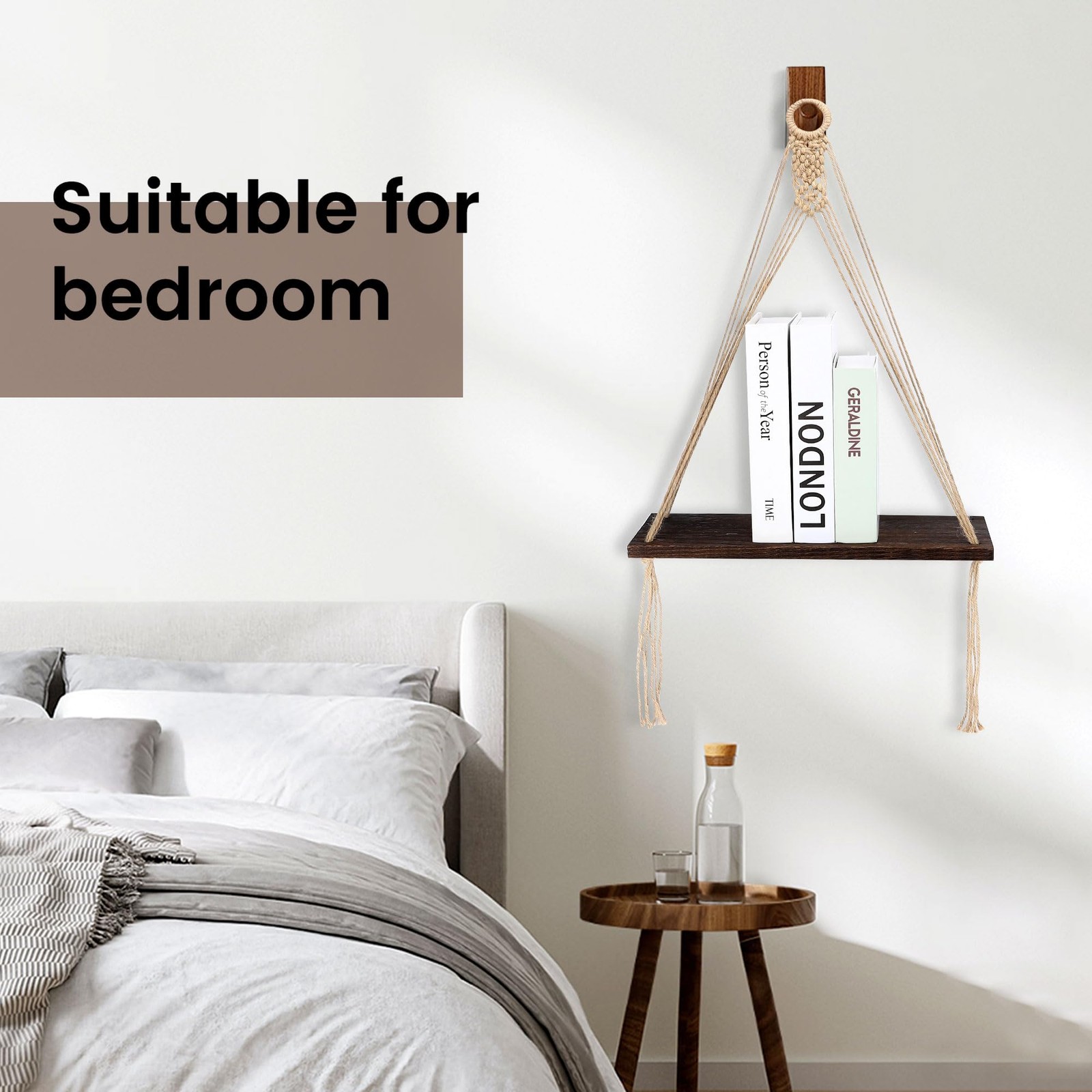 Boho Macrame Wall Decor 2 Pack Wood Wall Hanging Shelves, Storage Floating Sh...