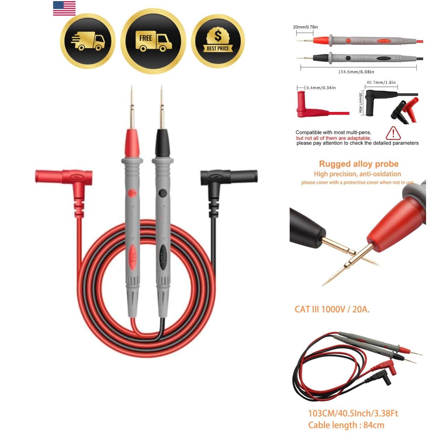 leads 1000V 20A Ultra-Sharp Gold-Plated  Probe Lead for Multimeter Meter  lea...