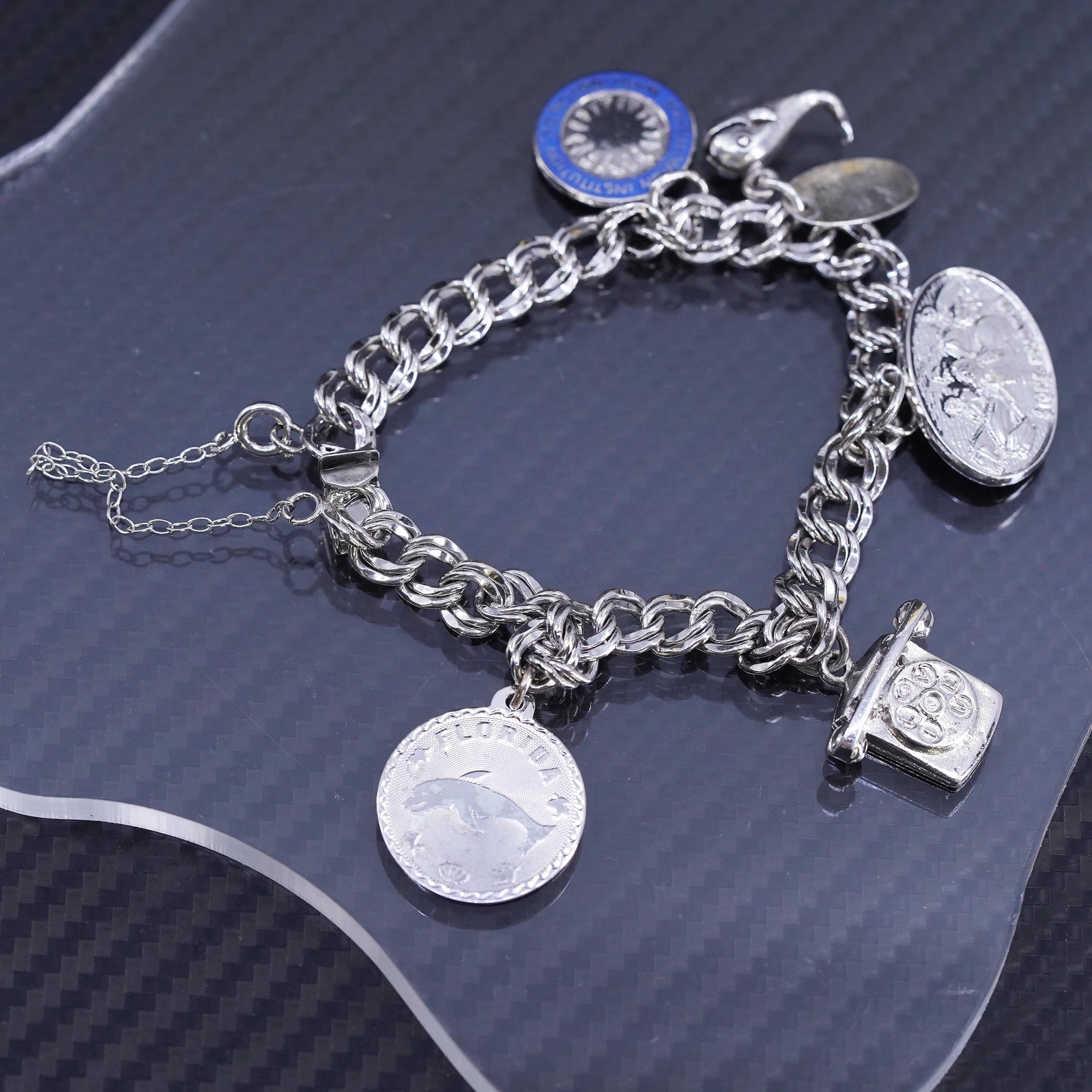 6.75” sterling silver 925 double curb chain bracelet, whale, travelers charms