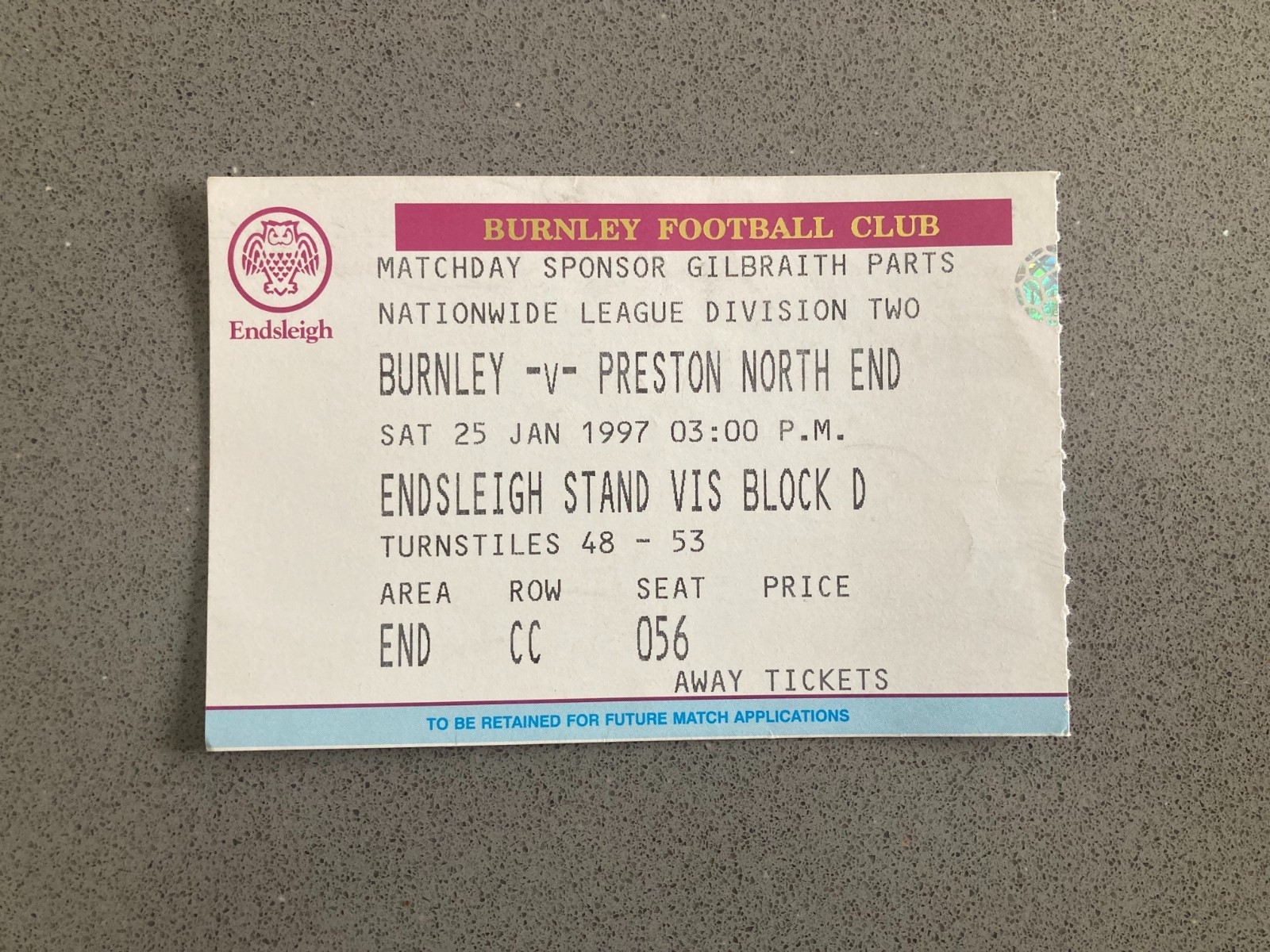 Burnley v Preston North End 1996-97 Match Ticket