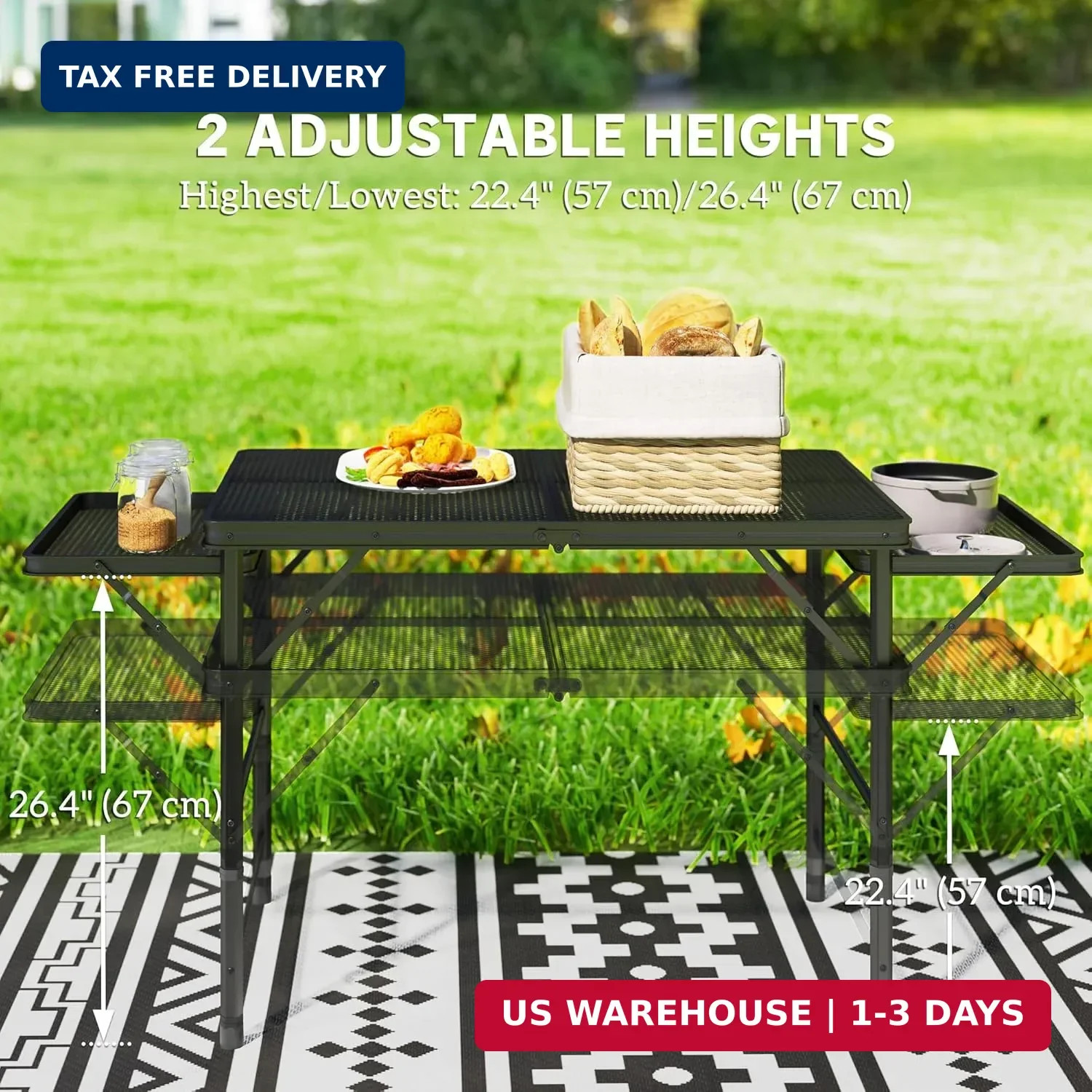 Outsunny Folding Grill Table, 4.5 ft Portable Camping Table with 2 Wing Panels,