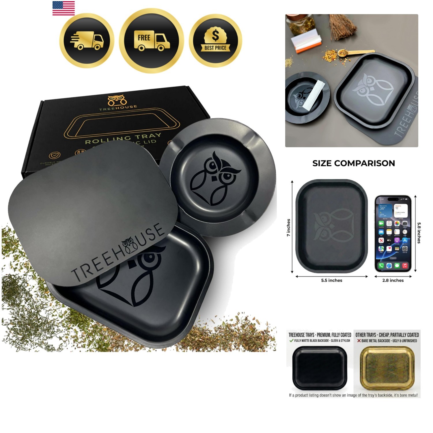Black Rolling Tray Set with PVC Soft Magnetic Lid, Ashtray Included for Home ...