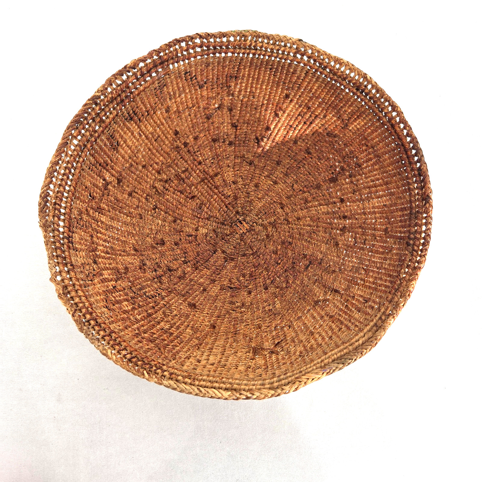 Vintage Hand Woven 11" Round Basket with Black Primitive Design