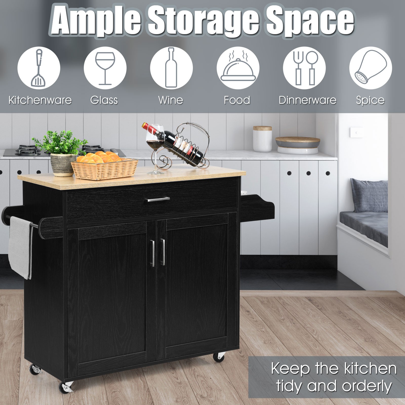 Costway Rolling Kitchen Island Cart Storage Cabinet w/ Towel & Spice Rack Black