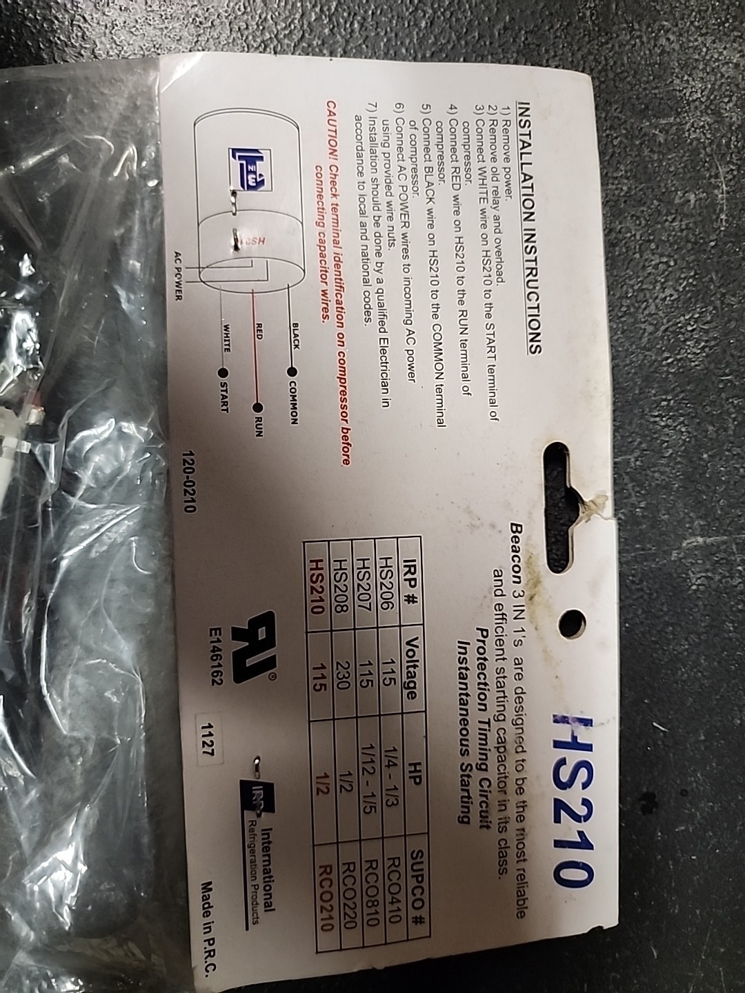 Irp HS210 120-0210 3 In 1 Solid State Relay Overload Start Capacitor