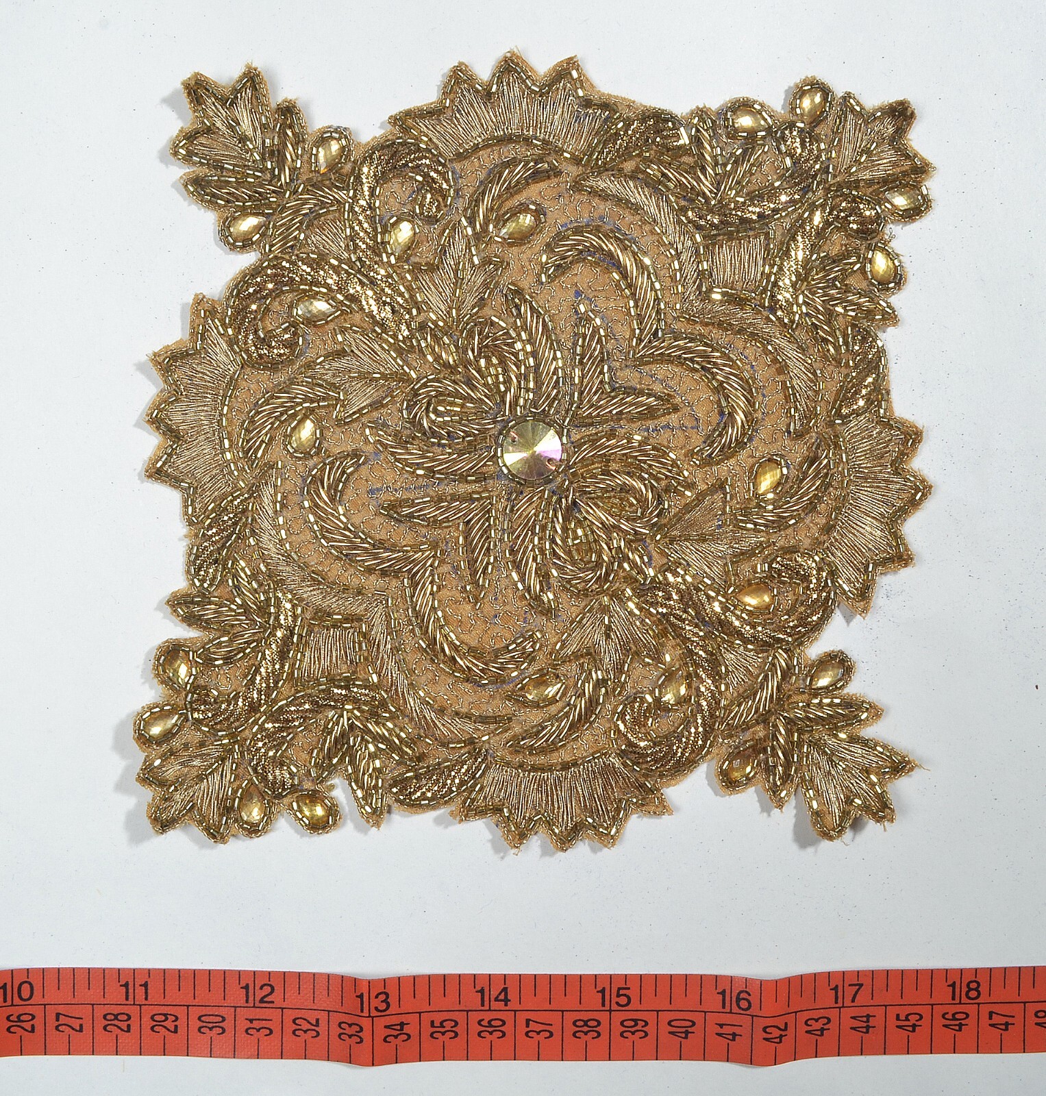 Hand-Beaded Sew-on Square Cutwork Applique Bronze Bullion Swarovski Rhinestone
