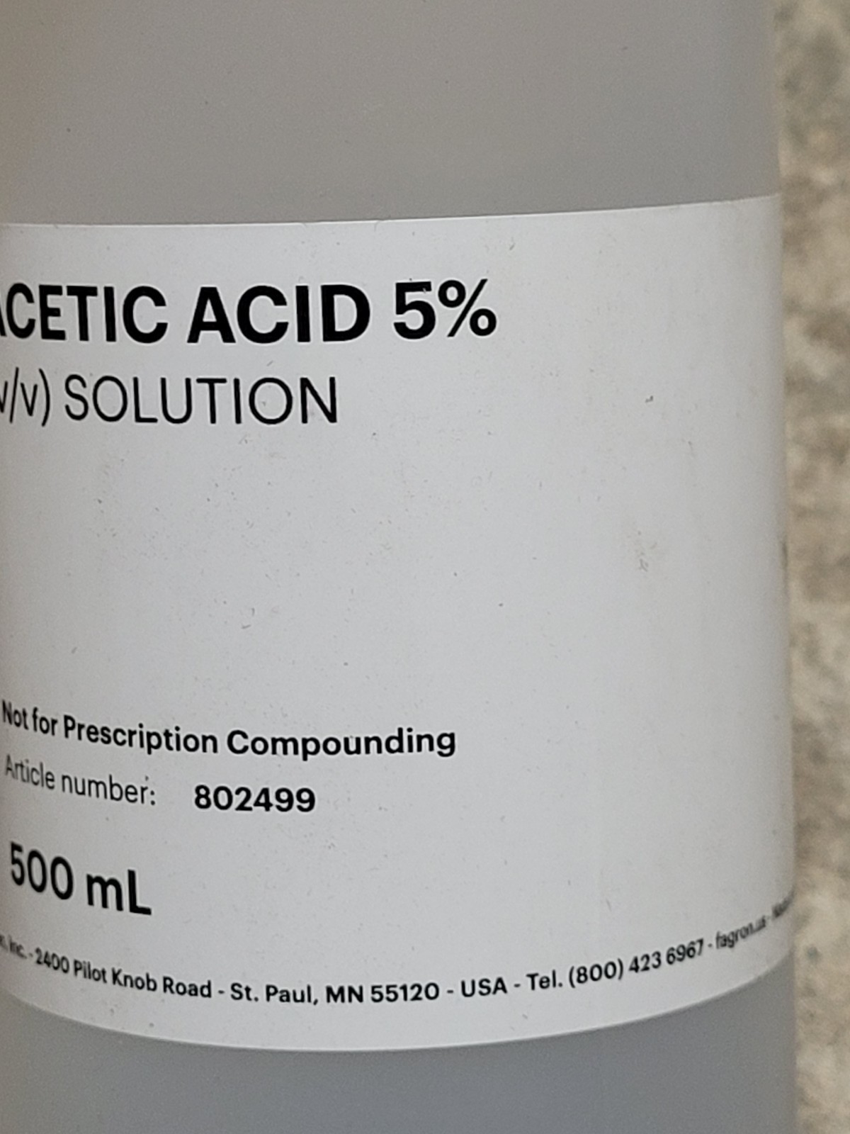 Fagron 802499 Acetic Acid 5% v/v Solution 500 ml Lab & Industrial Use 2 Bottles