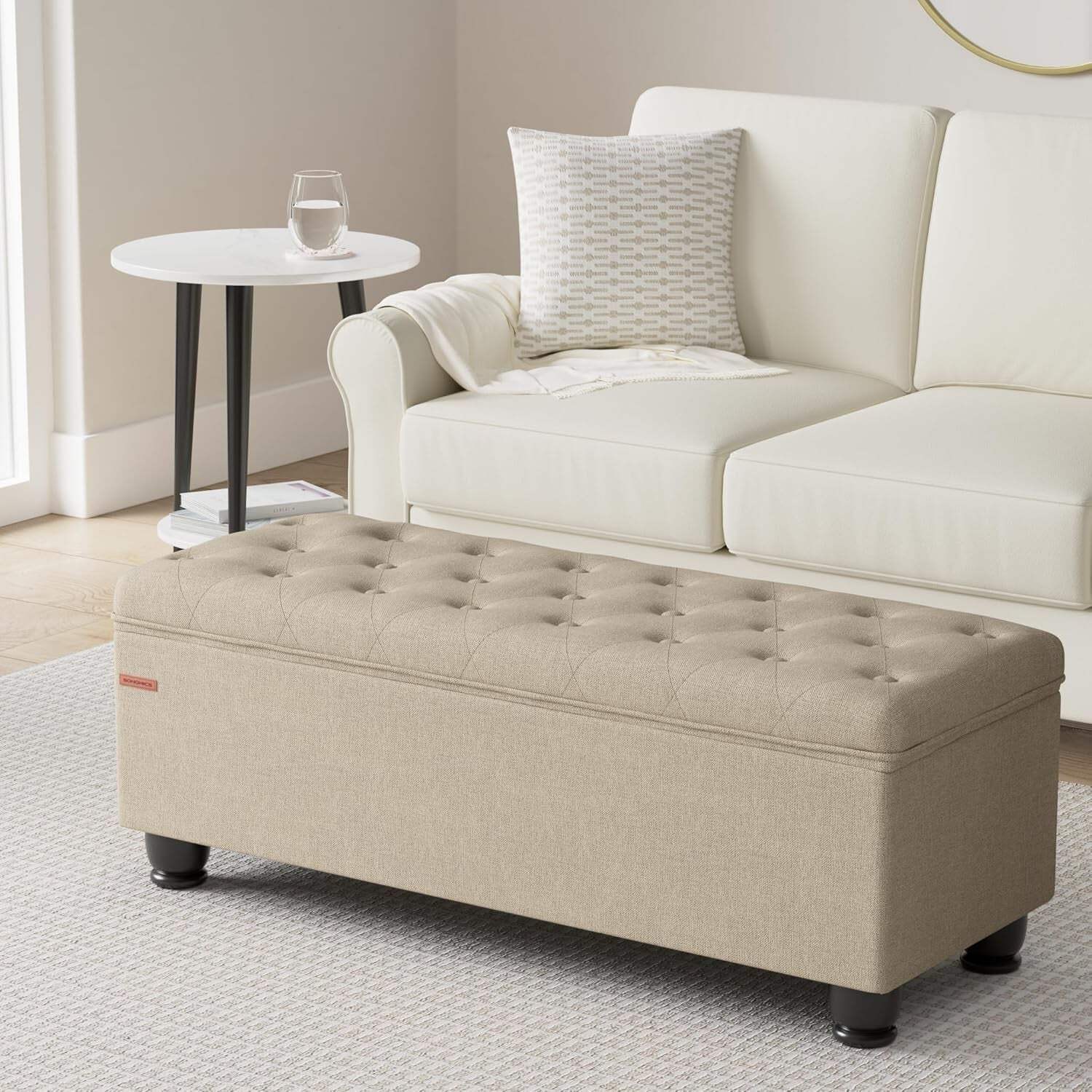 Camel Brown Linen Storage Ottoman Bench Reinforced