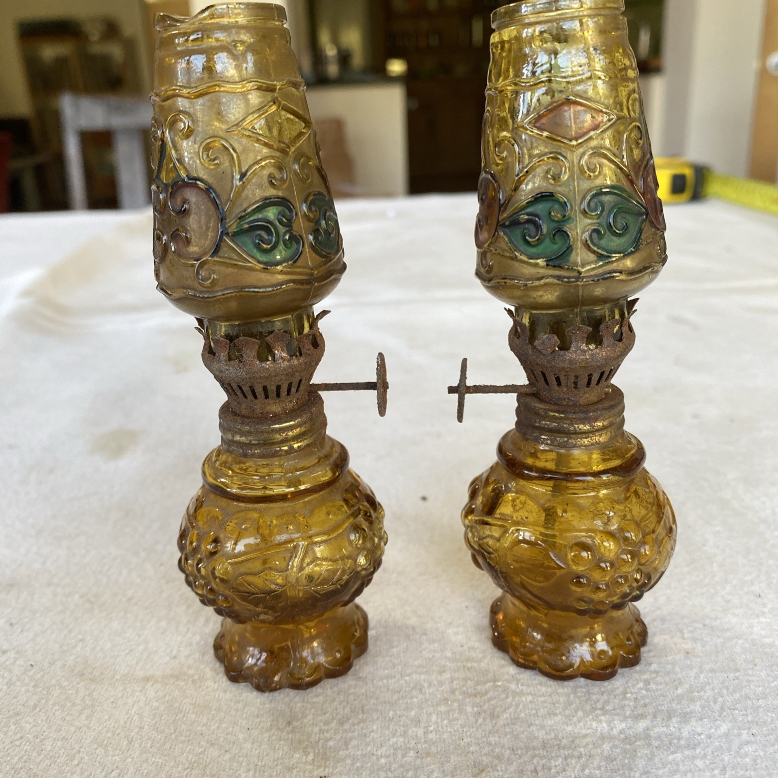 Pair Of Small Vintage Glass Embossed Oil Lamps From Hong Kong