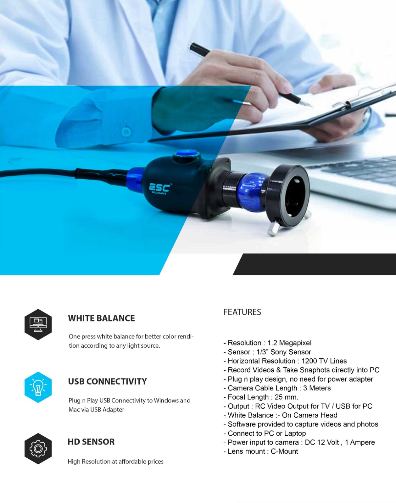 USB Endoscopy Camera HD w/ Portable Cold LED Light Source for Rigid Endoscopes