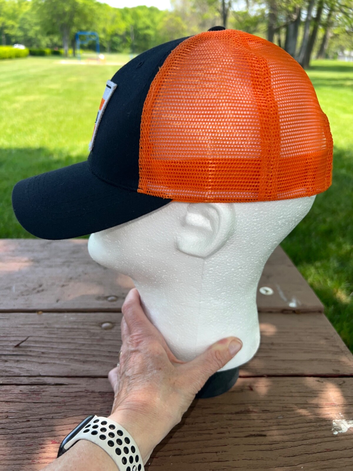 Fram Orange/White/Black Logo Patch on Black Orange Trucker Hat Cap Hook Loop EUC