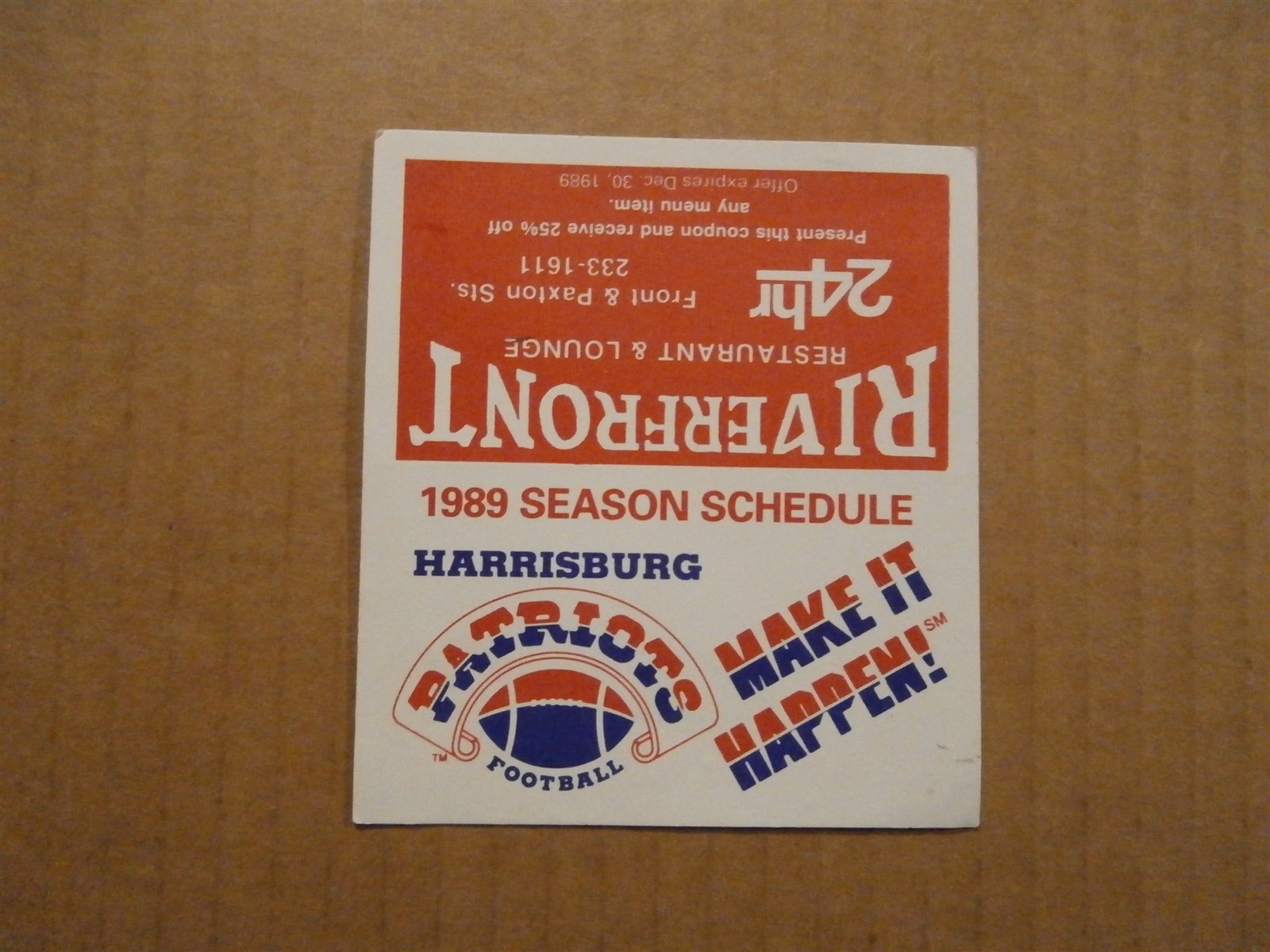 MLFS Harrisburg Patriots Vintage Circa 1989 Team Logo Football Pocket Schedule