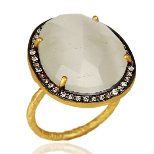 925 Sterling Silver Natural White Moonstone Ring Gold Plated CZ Gemstone Jewelry