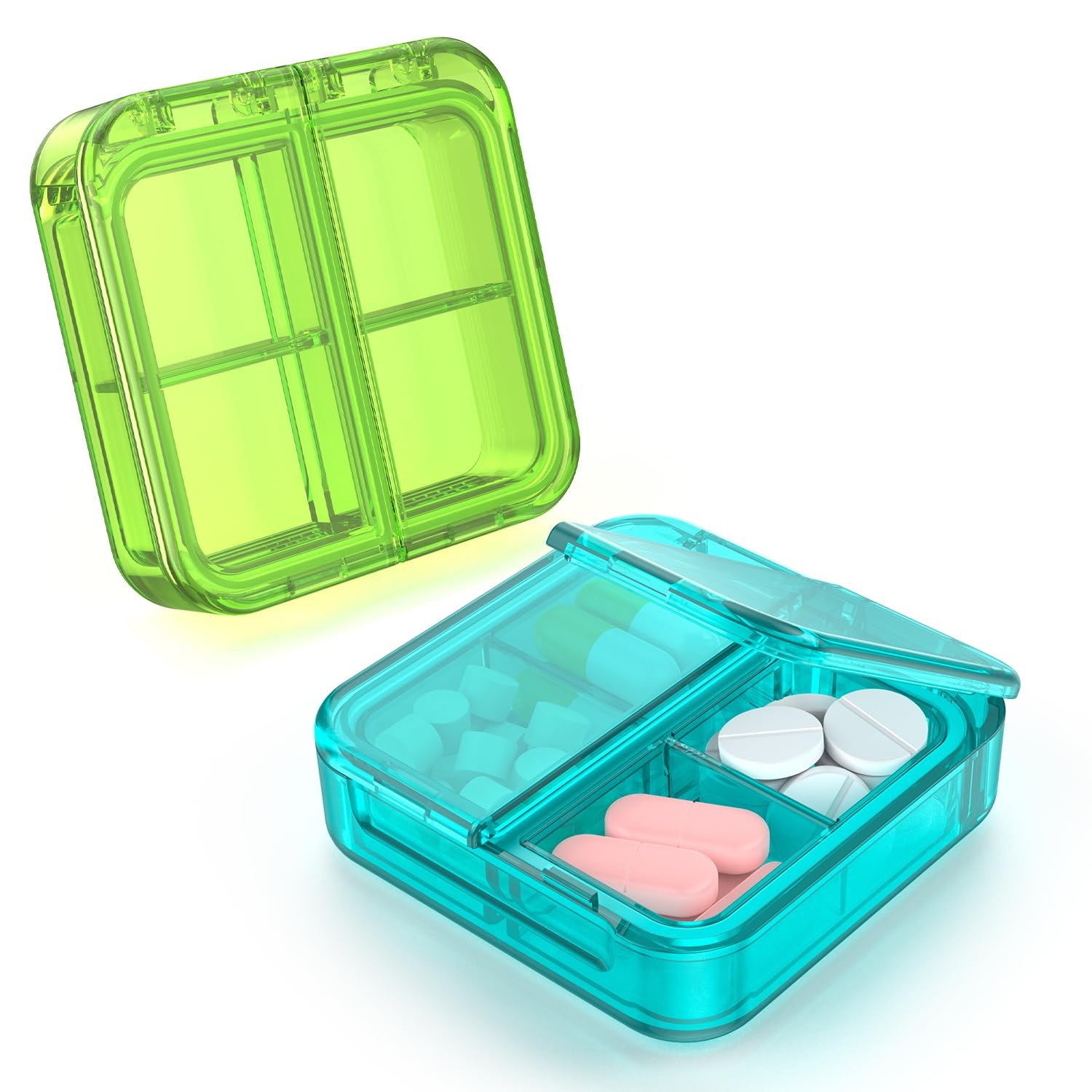 Small Pill Box,4 Compartments Travel Case, Portable Green+cyan