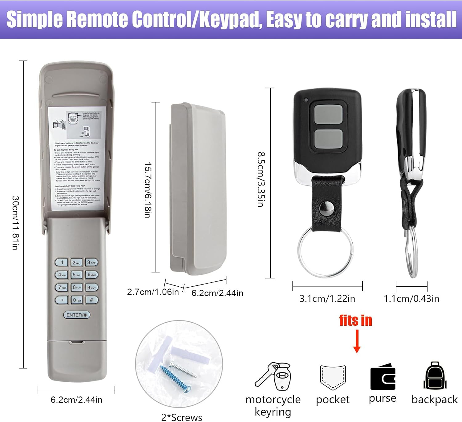 377LM Wireless Keypad 2 Keychain Remotes for Liftmaster Purple Learn Button | 3