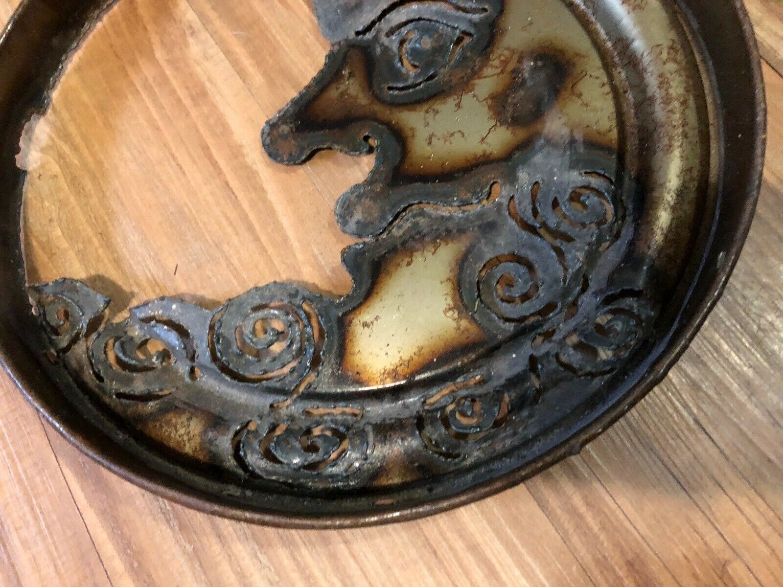 Vintage metal cut out Folk Art Man in the Moon Rusty Metal Lid