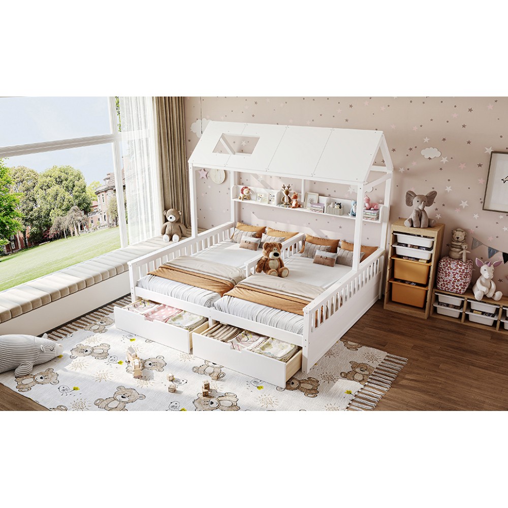 White Double Twin Platform Bed w/ Storage Shelves & Drawers