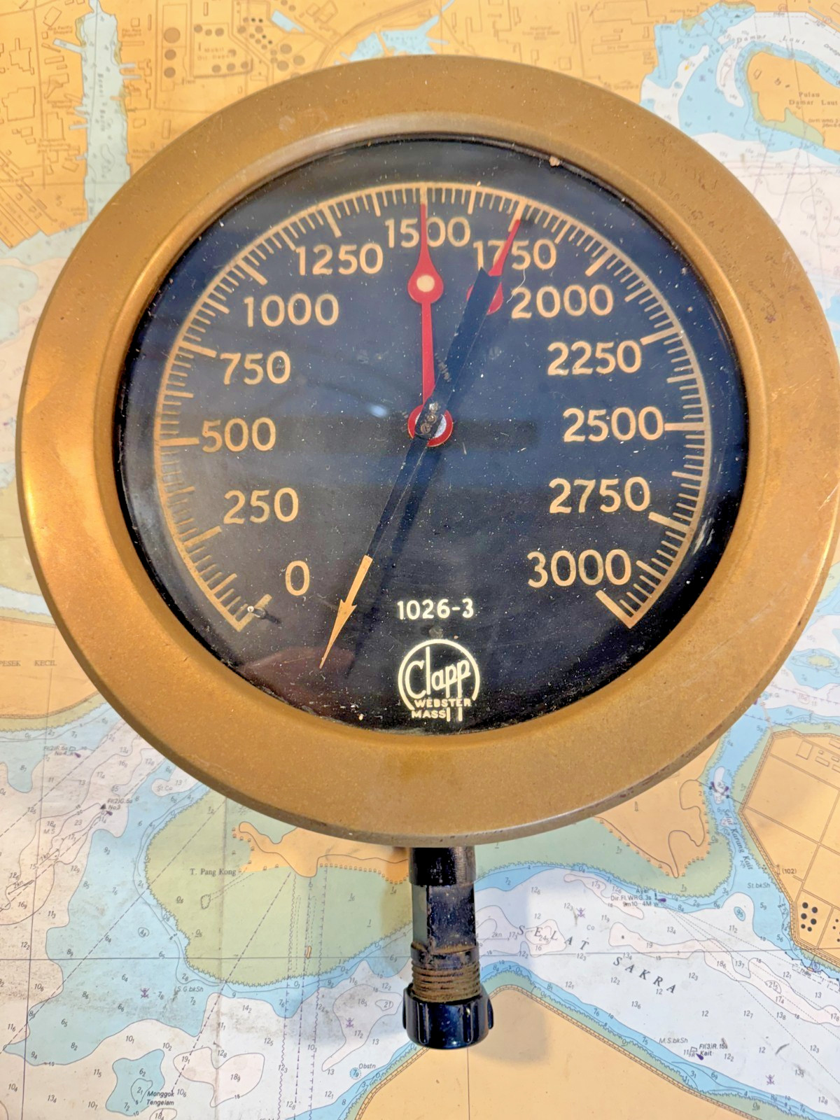 VINTAGE INSTRUMENT BRASS PRESSURE GAUGE US NAVY CLAPP INSTRUMENT 10 INCH