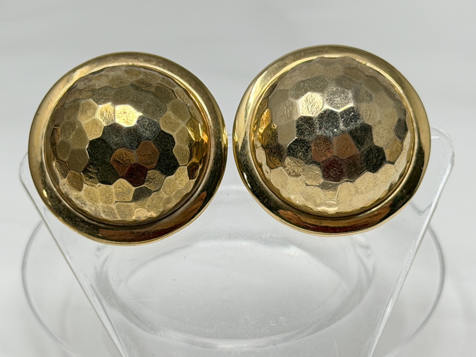 Vintage Goldtone Domed Hammered Texture 1-3/16" Round Clip on Earrings
