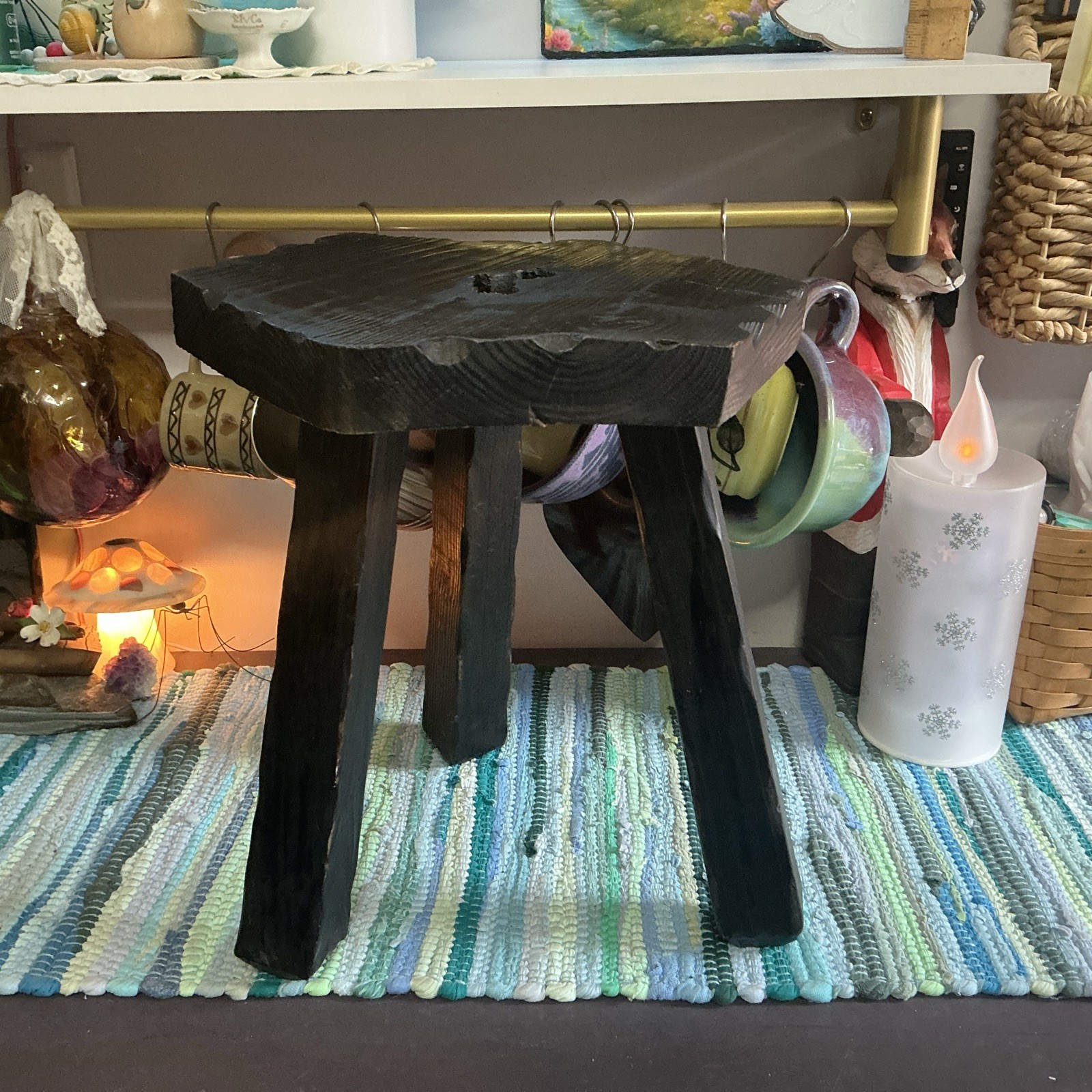 3 Legged Milking Stool Hardwood w/finger Holes Farmhouse Primitive Black