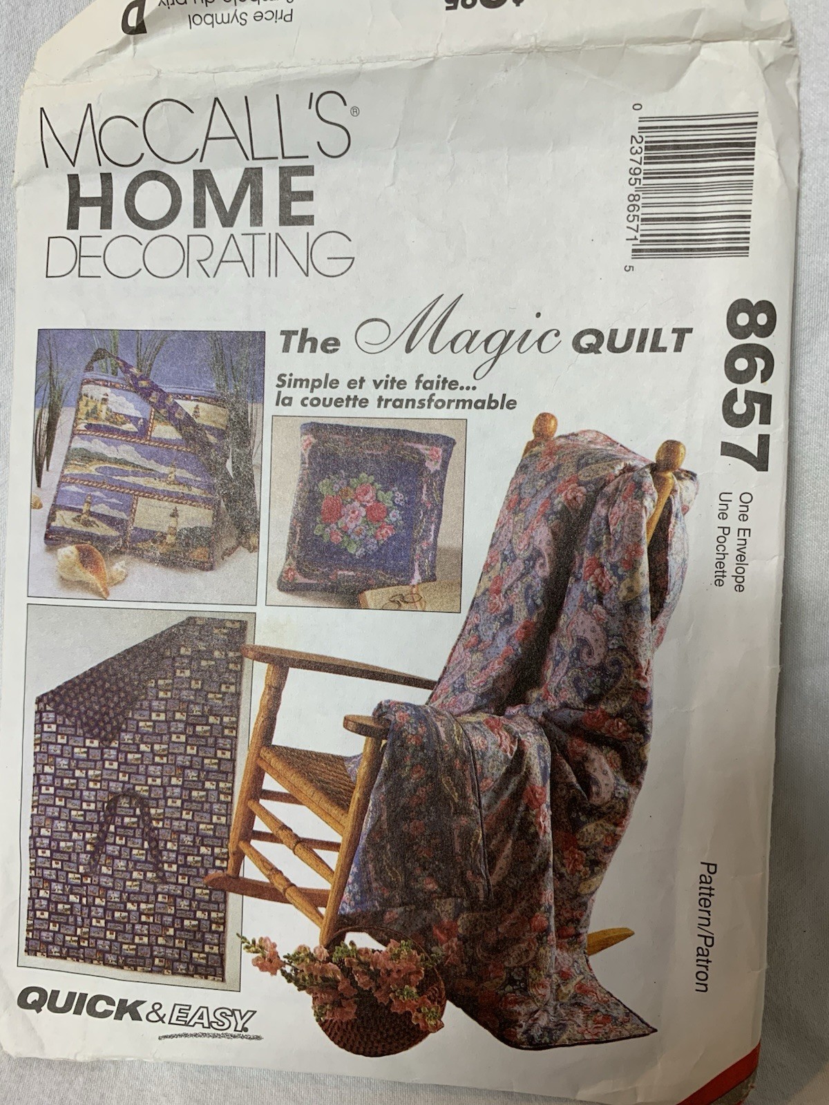 VTG McCalls 8657 Home Decorating ‘The Magic Quilt’ -Folds Into Pillow/ Opt Strap