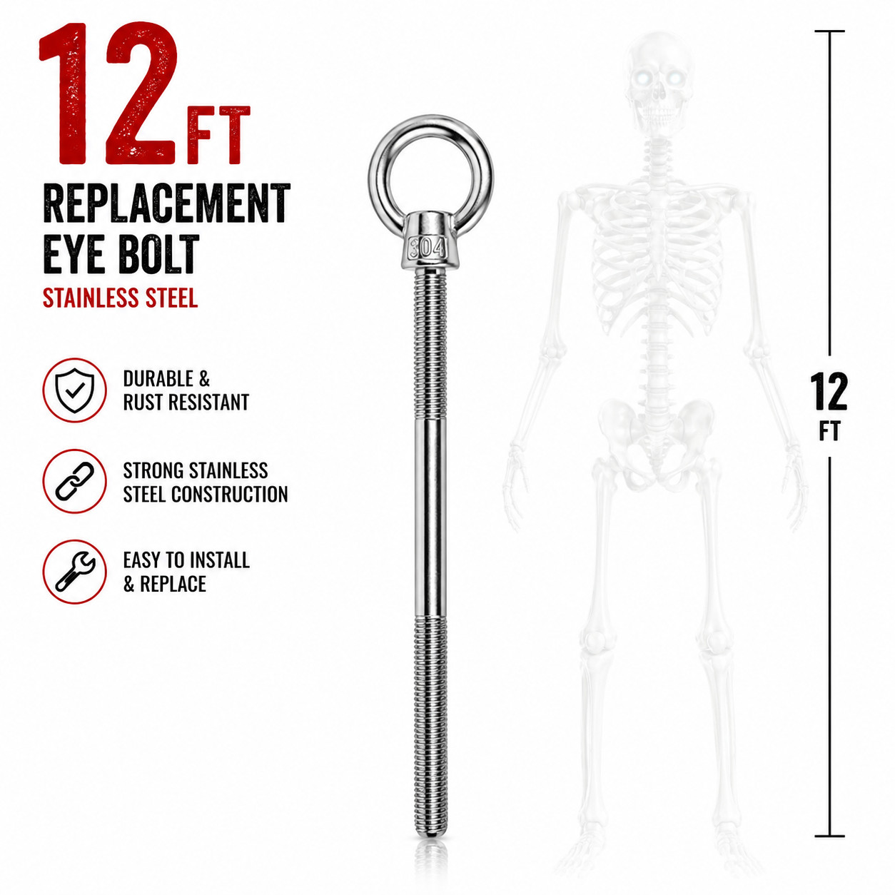 1x Heavy-Duty Stainless Steel Eye Bolt Replacement for 12 Foot Skeleton Guy Wire